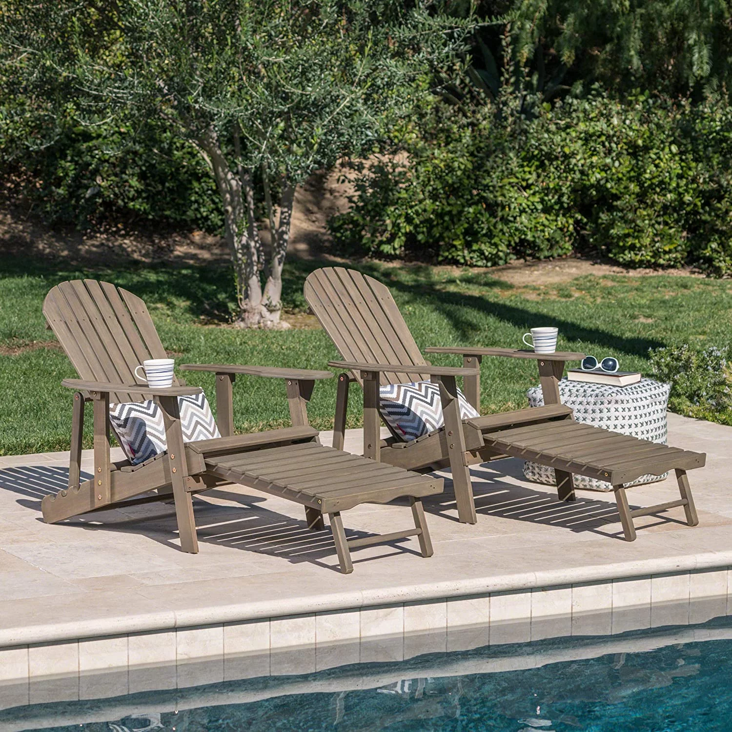 Halley Outdoor Reclining Wood Adirondack Chair With Footrest (2, Grey)