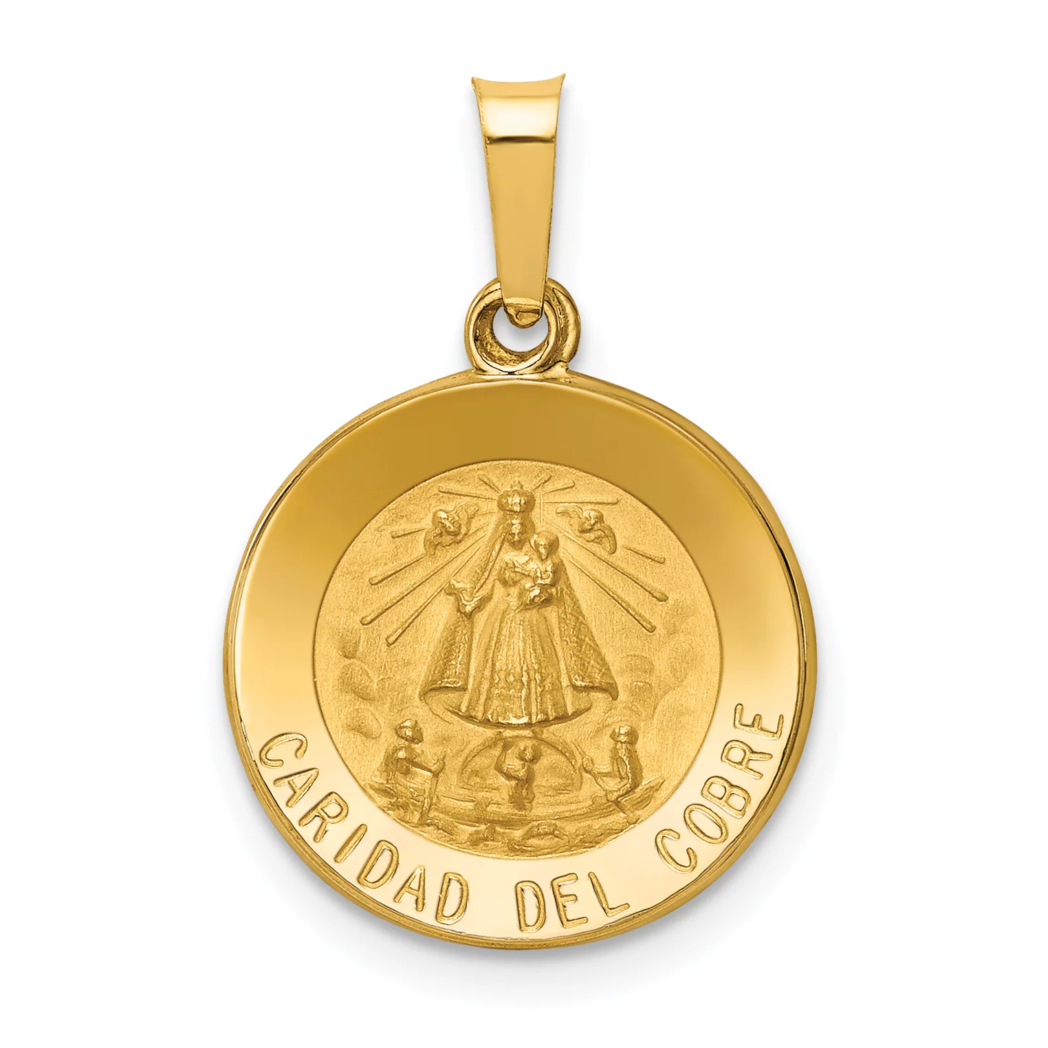 Carat in Karats 14K Yellow Gold Polished And Satin Caridad Del Cobre Medal Hollow Pendant Charm (22mm x 15mm) With 10K Yellow Gold Lightweight Rope Chain Necklace 20''