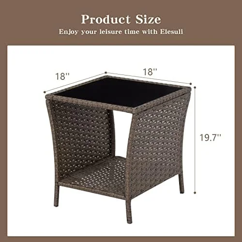 ZWNLKQG Wicker Rattan  with Glass Top and  Bistro Woven  Outdoor Patio Square End Tables Garden Porch Sofa Tables Black