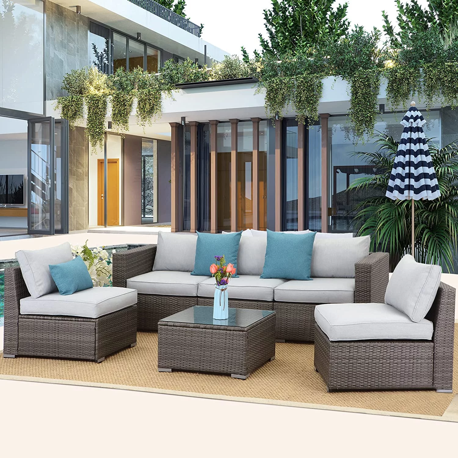 Superjoe 6 Pcs Patio Sectional Sofa Outdoor Wicker Steel Frame Conversation Furniture for Garden Backyard Deck(Gray Cushion)