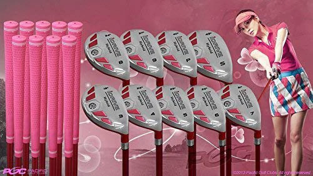 Women's iDrive Golf Clubs All Ladies Pink Hybrid Complete Full Set which Includes: #3, 4, 5, 6, 7, 8, 9, PW +SW Lady Flex Right Handed New Utility L Flex Club
