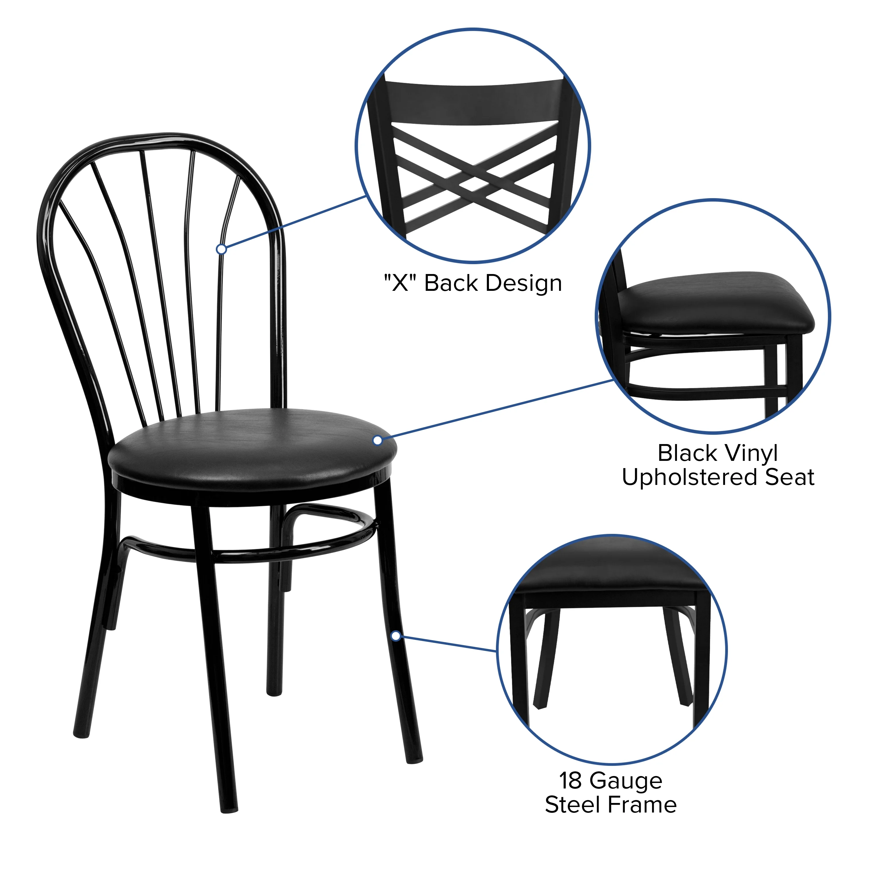 Emma + Oliver Fan Back Metal Chair - Black Vinyl Seat