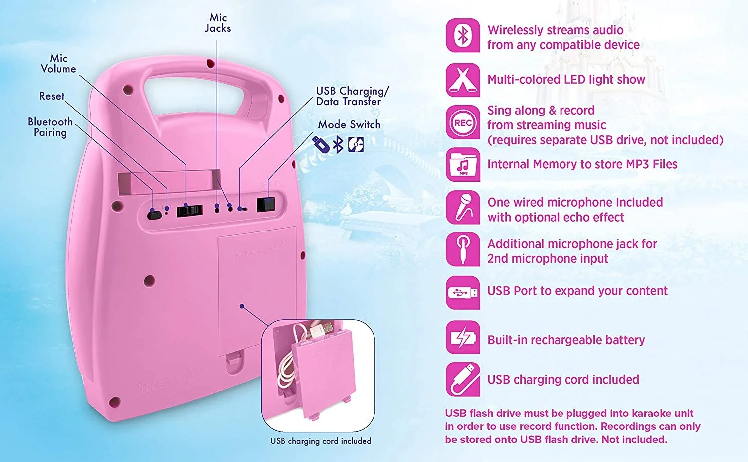 Disney Princess Karaoke Machine for Kids with Microphone and Bluetooth Speaker