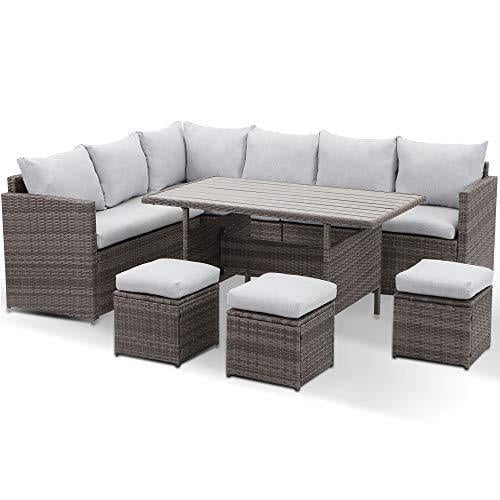 Kyoko 7 Pc PE Rattan Wicker Patio Dining Sectional Cusions Sofa Set - Gray