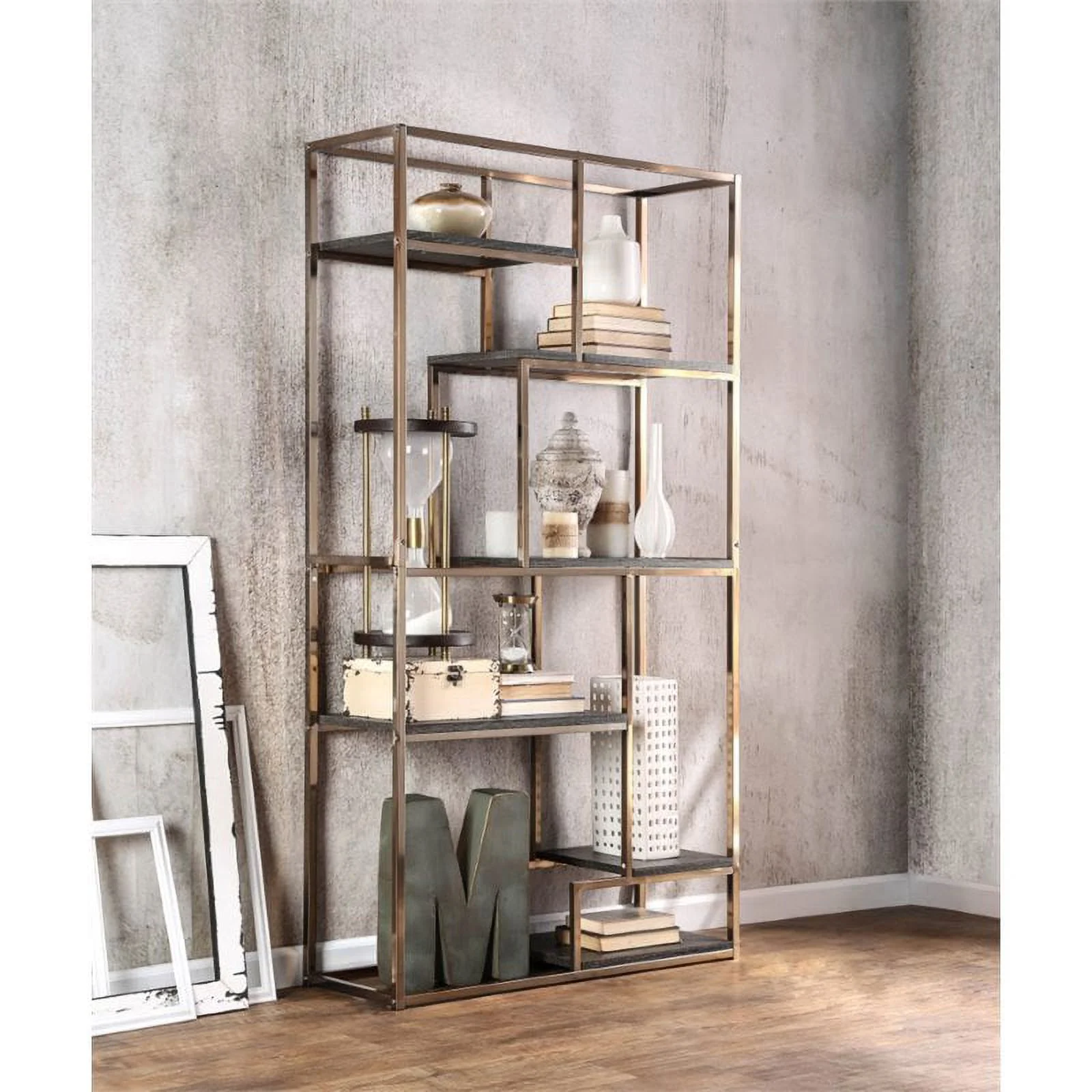 Bowery Hill Modern Metal 6-Shelf Bookcase in Champagne