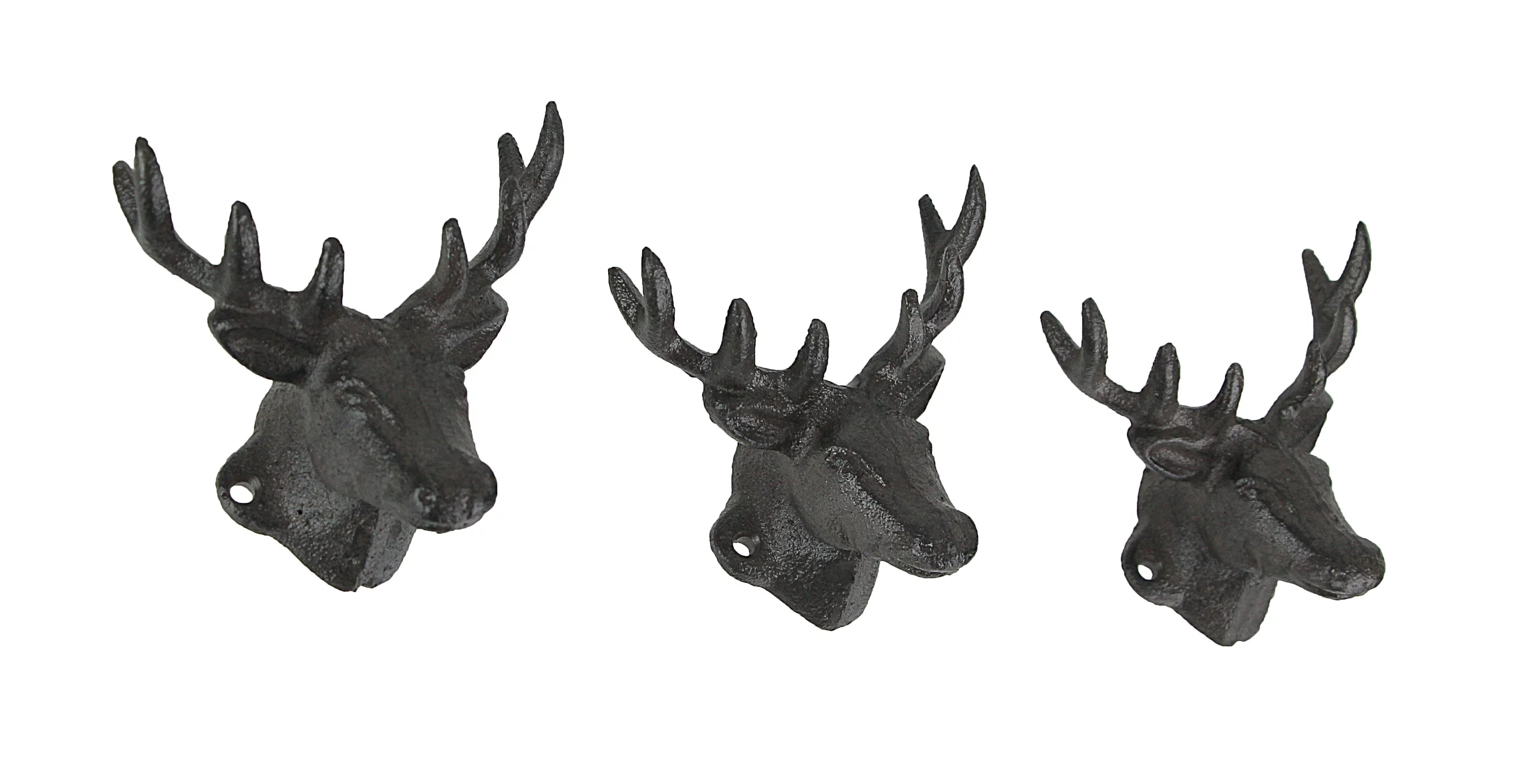 Zeckos Brown Cast Iron Deer Head Decorative Wall Hooks Set of 3