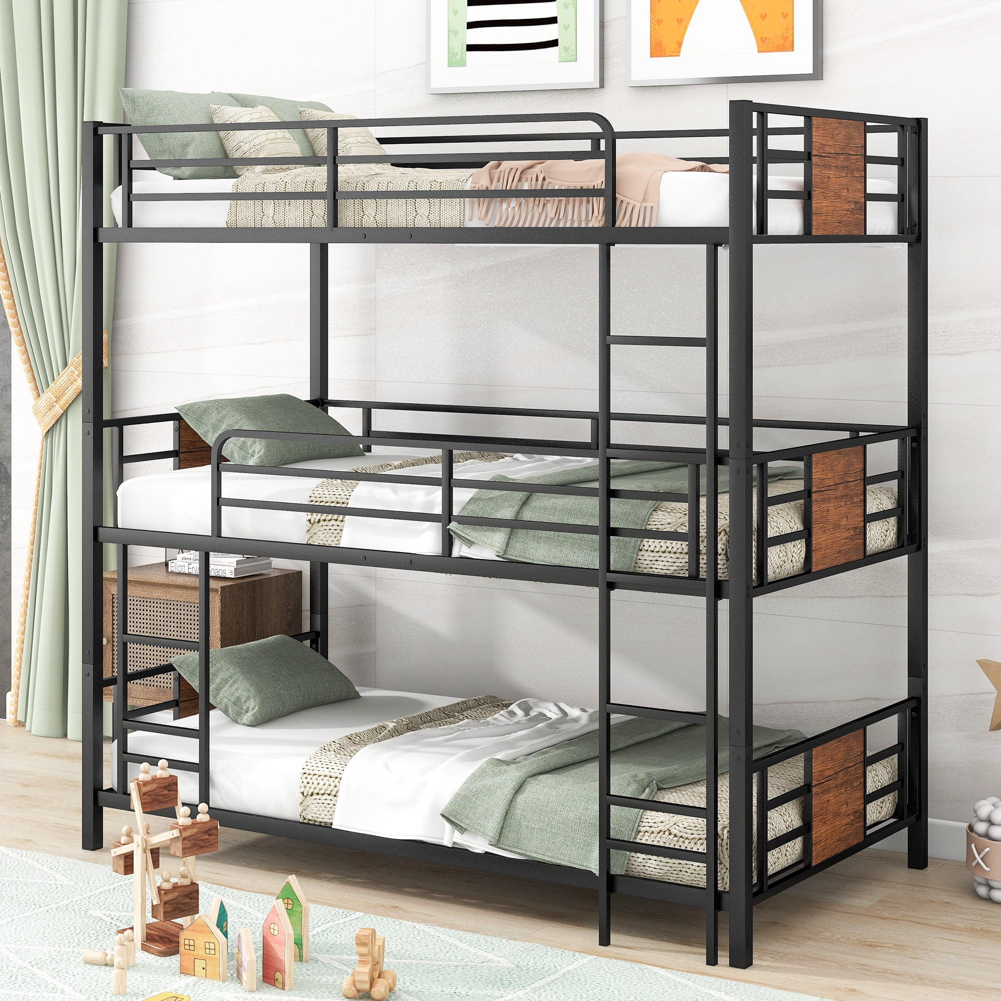 Euroco Metal Twin over Twin over Twin Bunk Bed for Kids, Brown