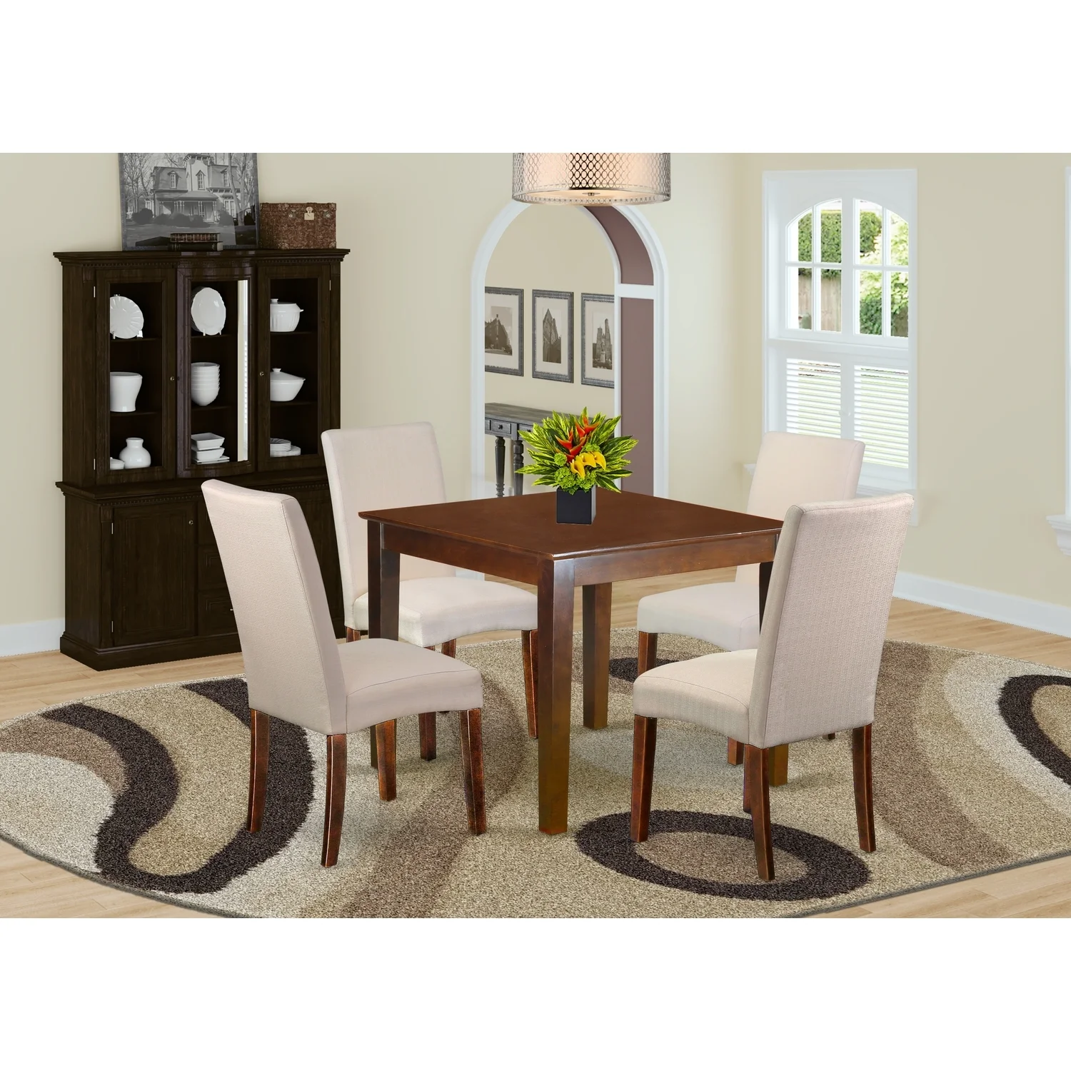 HomeStock Rustic Revival 5Pc Square 36 Inch Table And Four Parson Chair With Mahogany Finish Leg And Linen Fabric- Cream Color