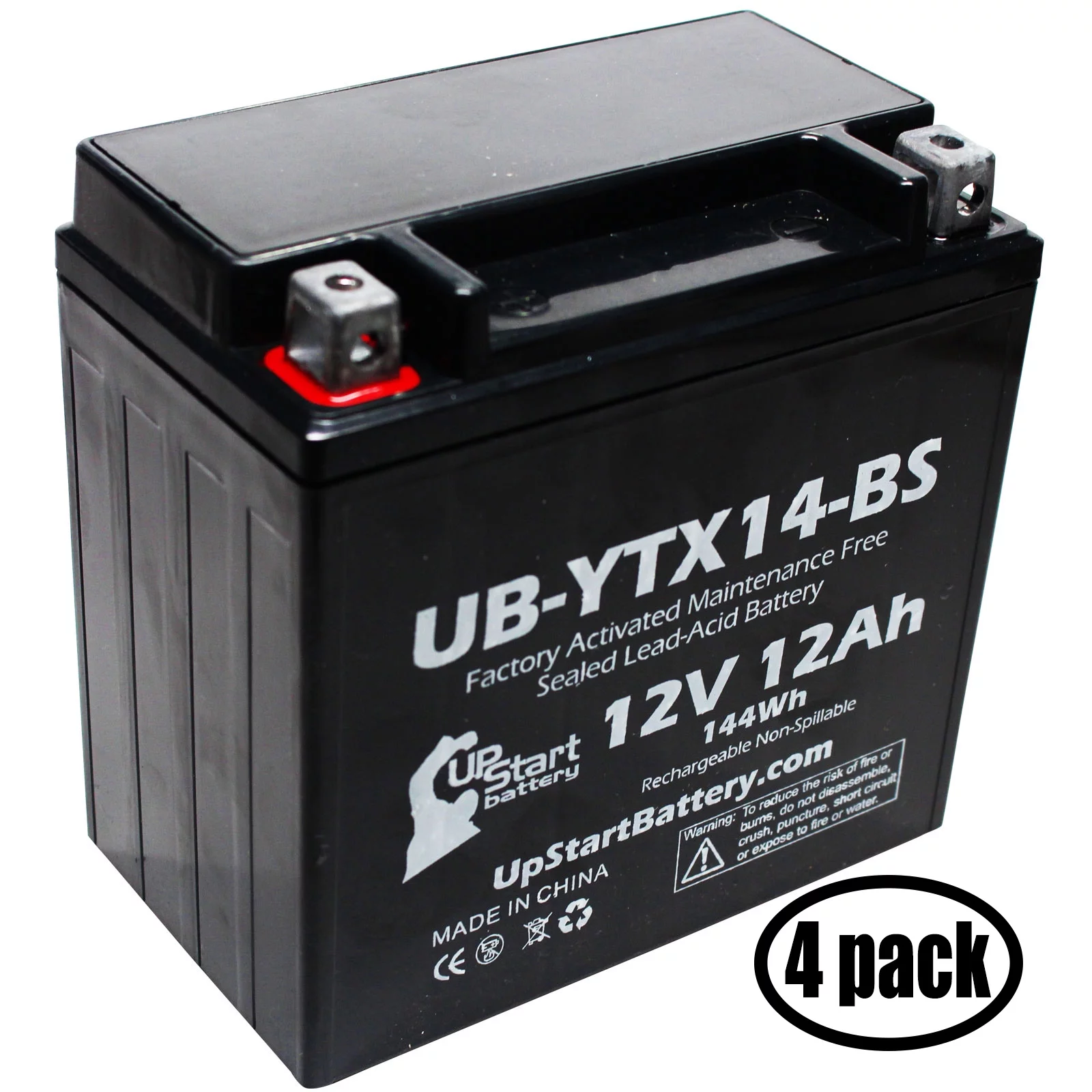 4-Pack UpStart Battery Replacement for 2004 Yamaha YFM66R Raptor 660 CC Factory Activated, Maintenance Free, ATV Battery - 12V, 12AH, UB-YTX14-BS