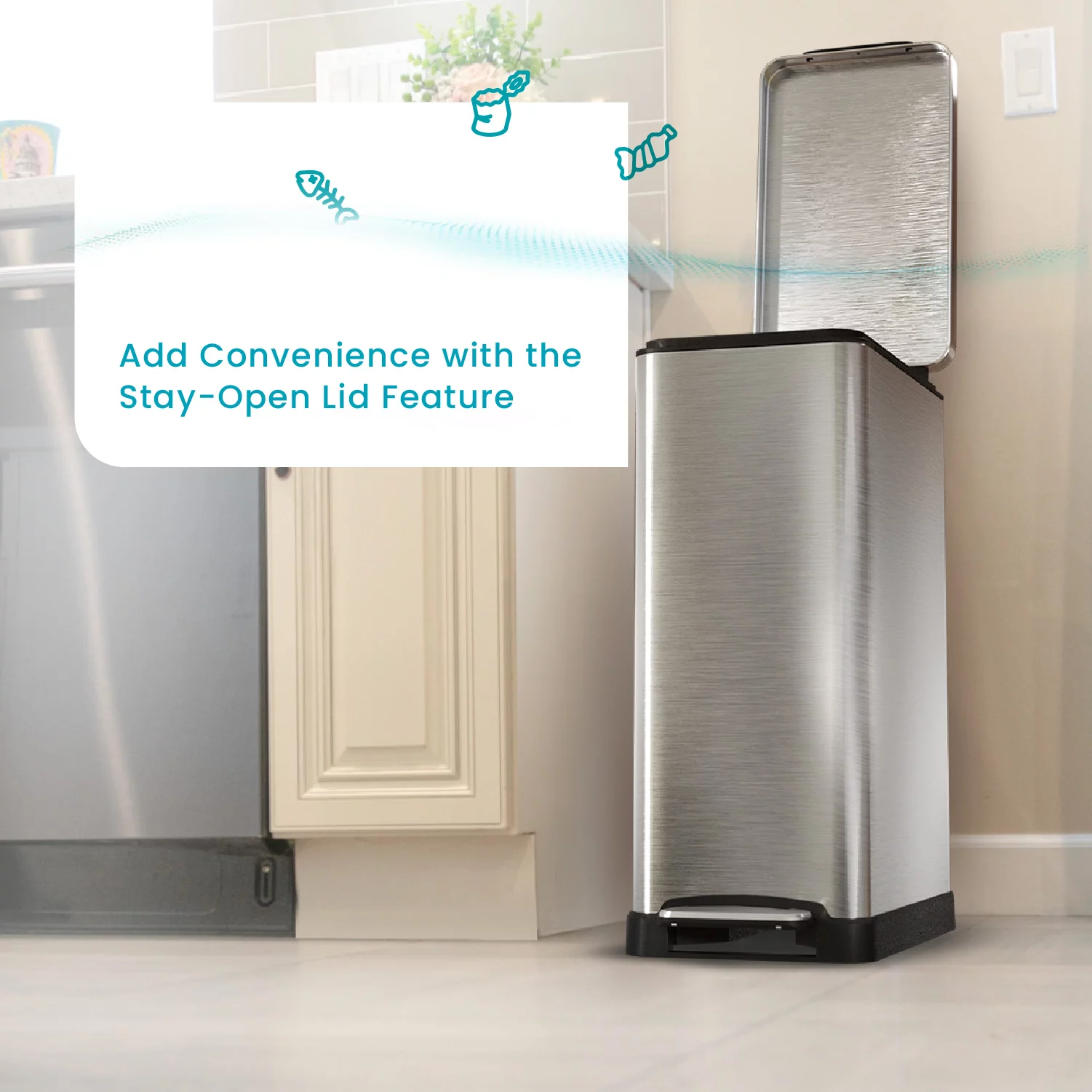 Home Zone Living 12 Gallon Slim Kitchen Trash Can, Stainless Steel, Silver