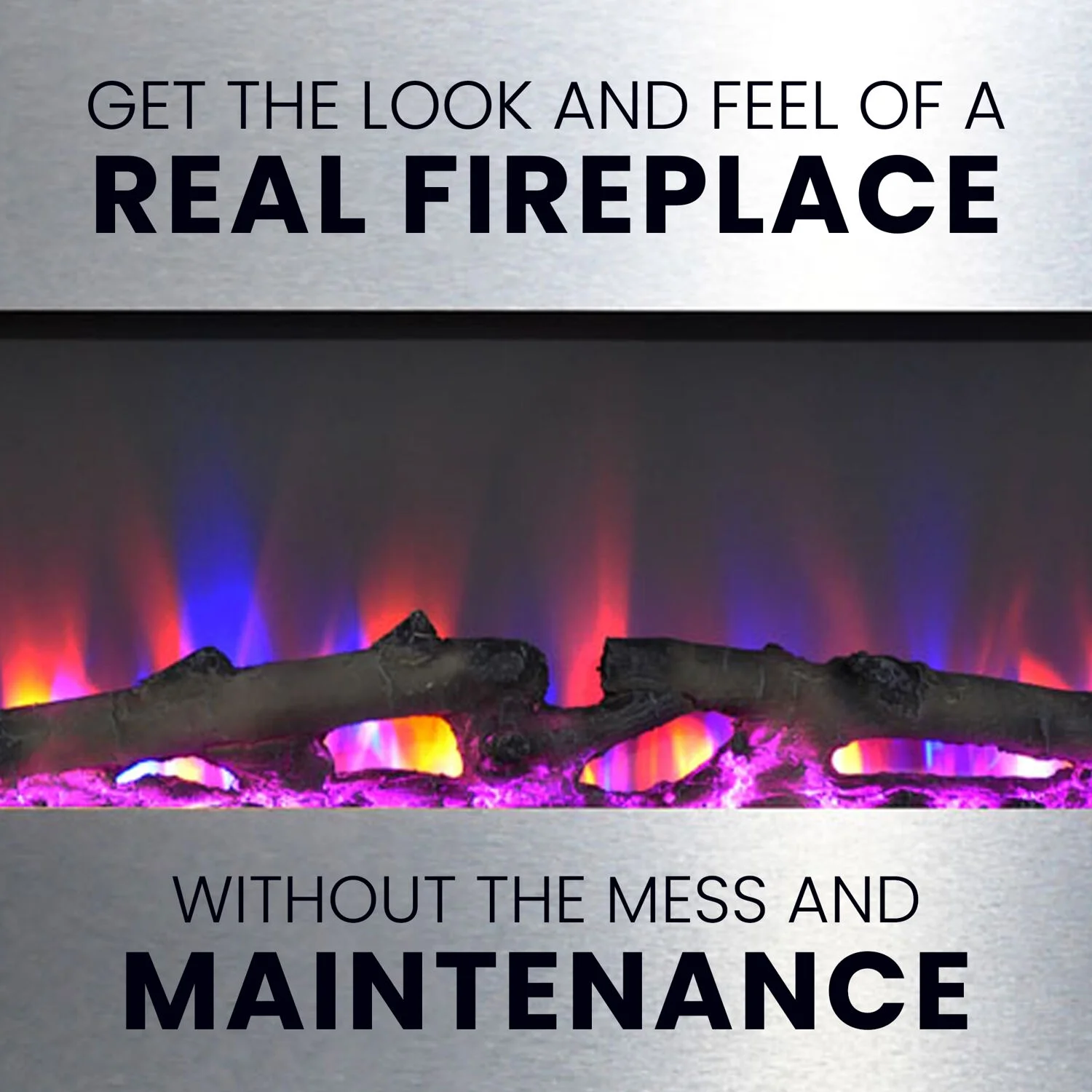 Cambridge 36 In. Electric Wall Mounted Fireplace Heater with Flame Driftwood Log Display, Adjustable Heat, Remote, in Stainless Steel Finish - CAM36WMEF-2SS