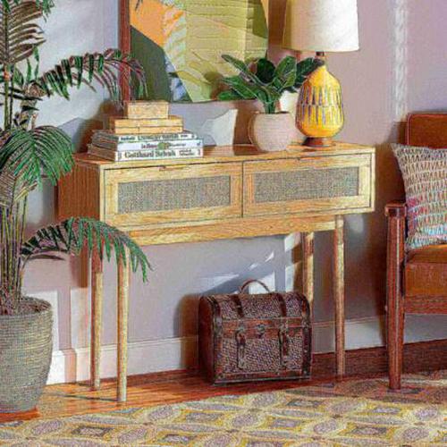 Baird Mid-Century Modern Light Oak Brown Finished Wood and Rattan 2-Drawer Console Table