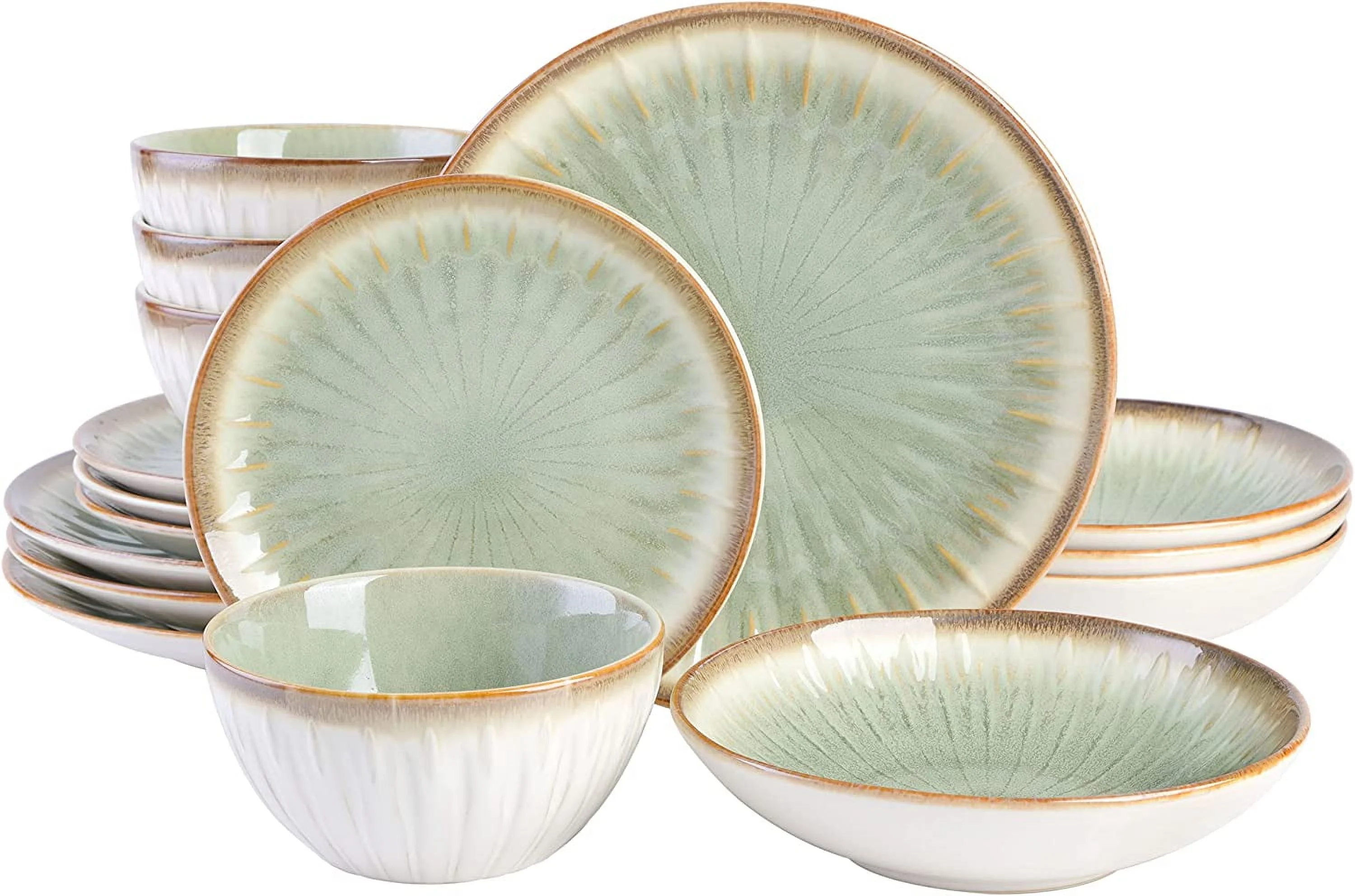 MINGFENG Mayfair Bay Embossed Double Bowl Dinnerware Set, Service for 4 (16pcs), Green