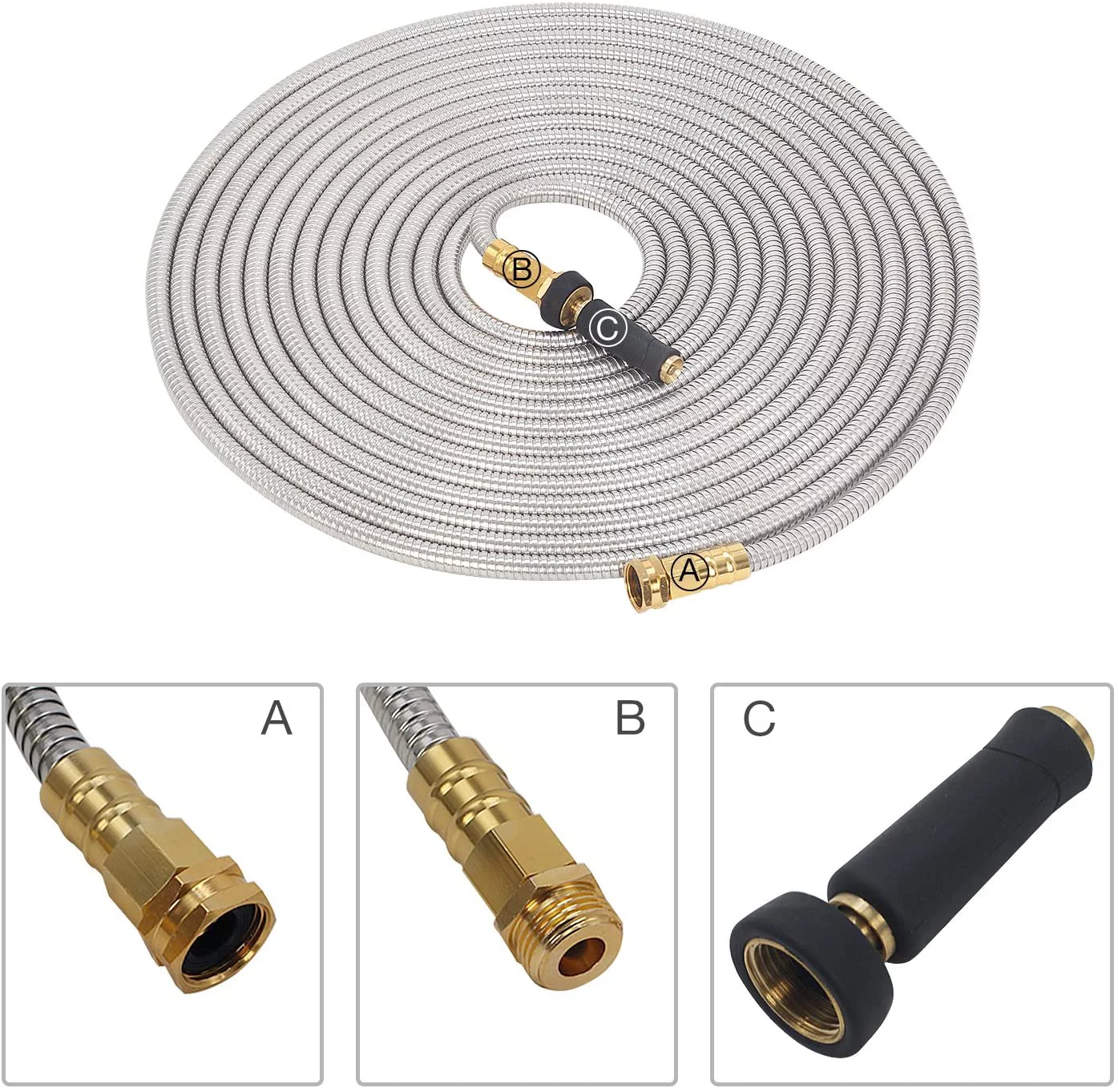 50' 304 Stainless Steel Garden Hose, Lightweight Metal Hose with Free Nozzle, Guaranteed Flexible and Kink Free