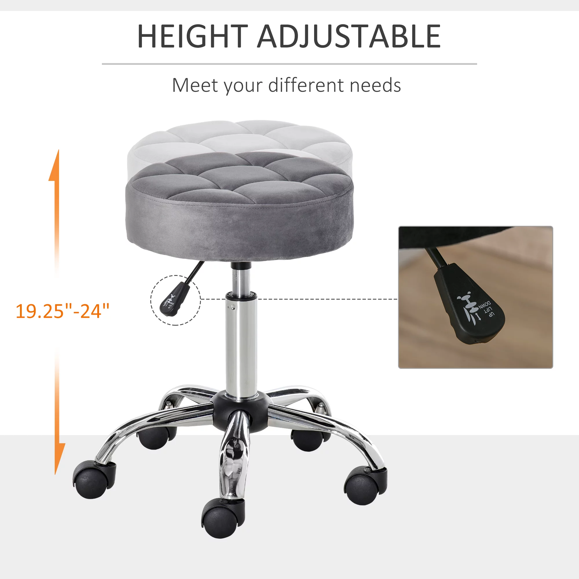 HOMCOM Round Salon Stool Height Adjustable, Hydraulic Rolling Swivel Stool with Wheels, Massage Vanity Chair Home Office, Grey