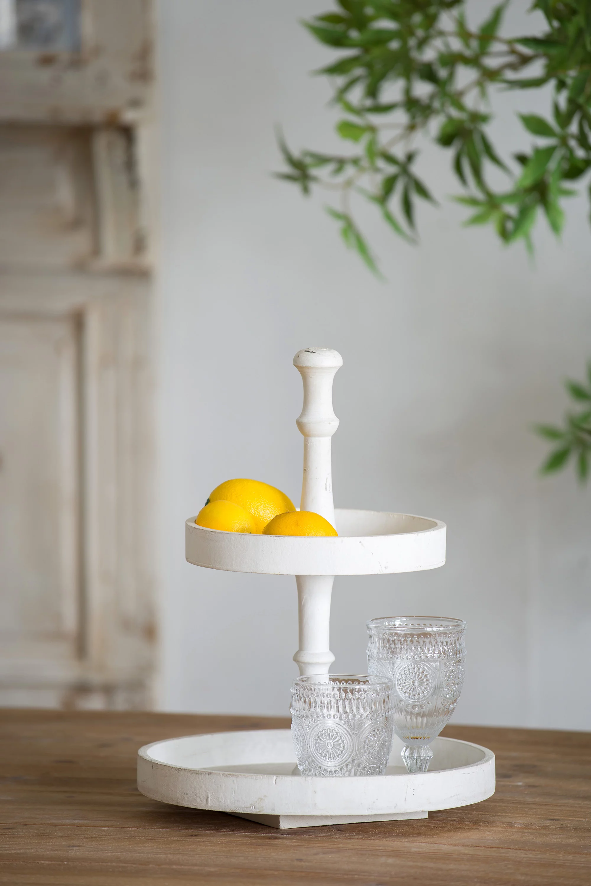 Wood 2 Tier Catering High Tea Serving Tray - Rustic Farmhouse Kitchen Decor for Coffee Bar Decor Cupcake Stand White