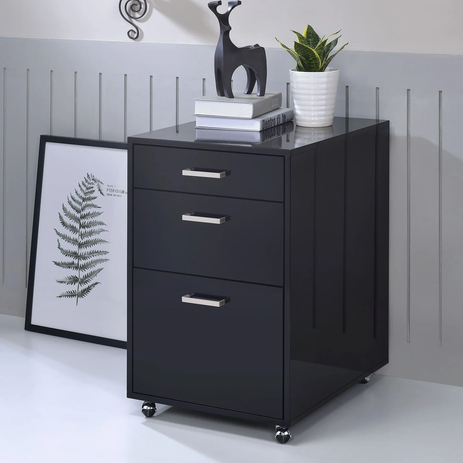 ACME Coleen Rectangular 3-Drawer Mobile File Cabinet in Glossy Black Wood