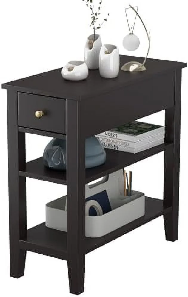 SQRTCV Night Stand  End Tables with  Drawer and 2 Tiers   23.6"  Bookshelf for Bedroom  Living Room  Easy Assembly (Coffee)