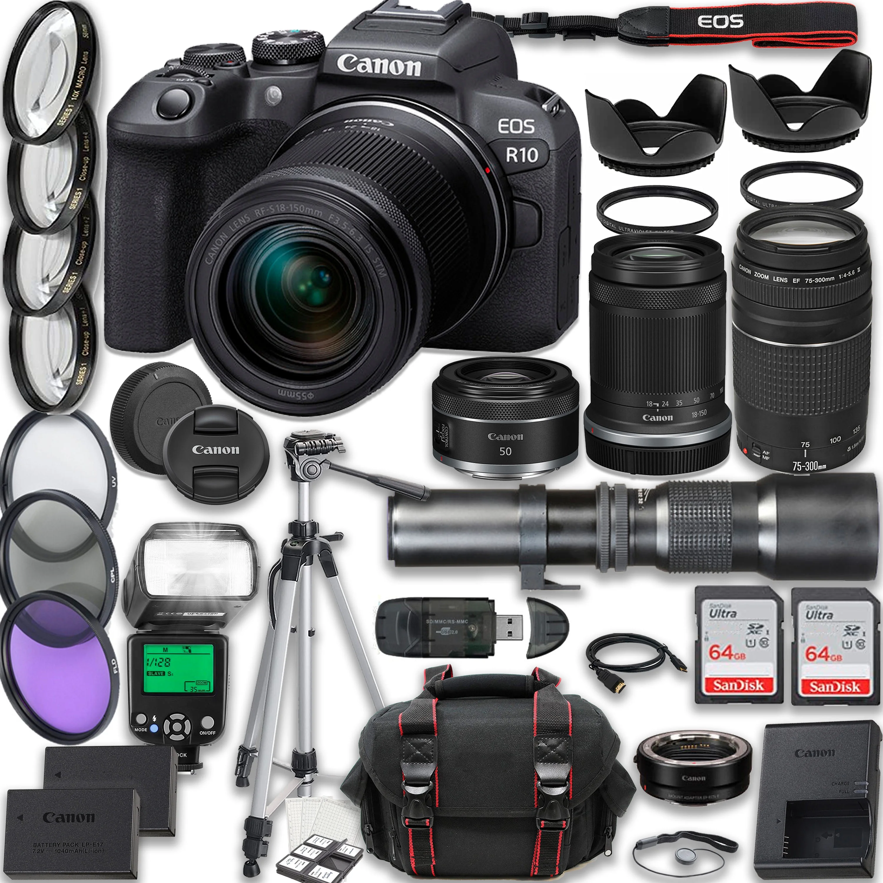 Canon EOS R10 Mirrorless Camera with Canon RF-S 18-150mm IS STM + EF 75-300mm f/4-5.6 III + RF 50mm f/1.8 STM + 500mm f/8 Focus Lenses + 2X 64GB Memory Cards, TTL Flash, Extra Battery, Case & More