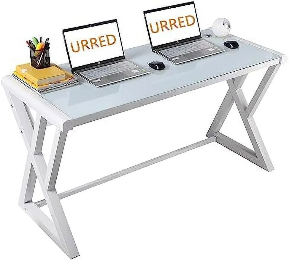 CHNBJN Computer Desk Glass Top and Metal Frame  Desk Table for Computer Desk Gaming Modern Study Office Work Writing Desks Table for Home Office  White (55.1 inch)