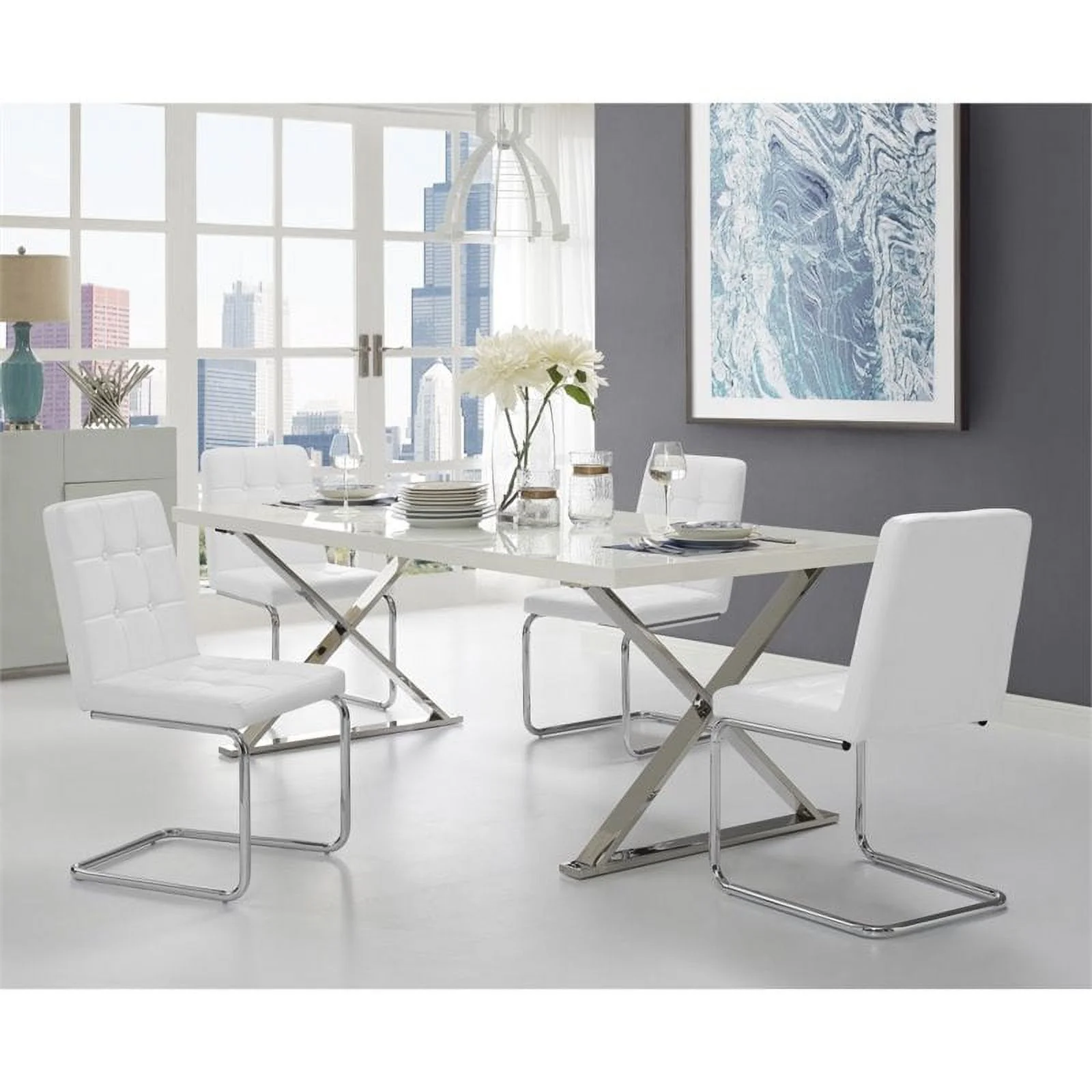 Jonathan PU Leather Biscuit Tufted Armless Chrome Frame Dining Chair (Set of 2), White