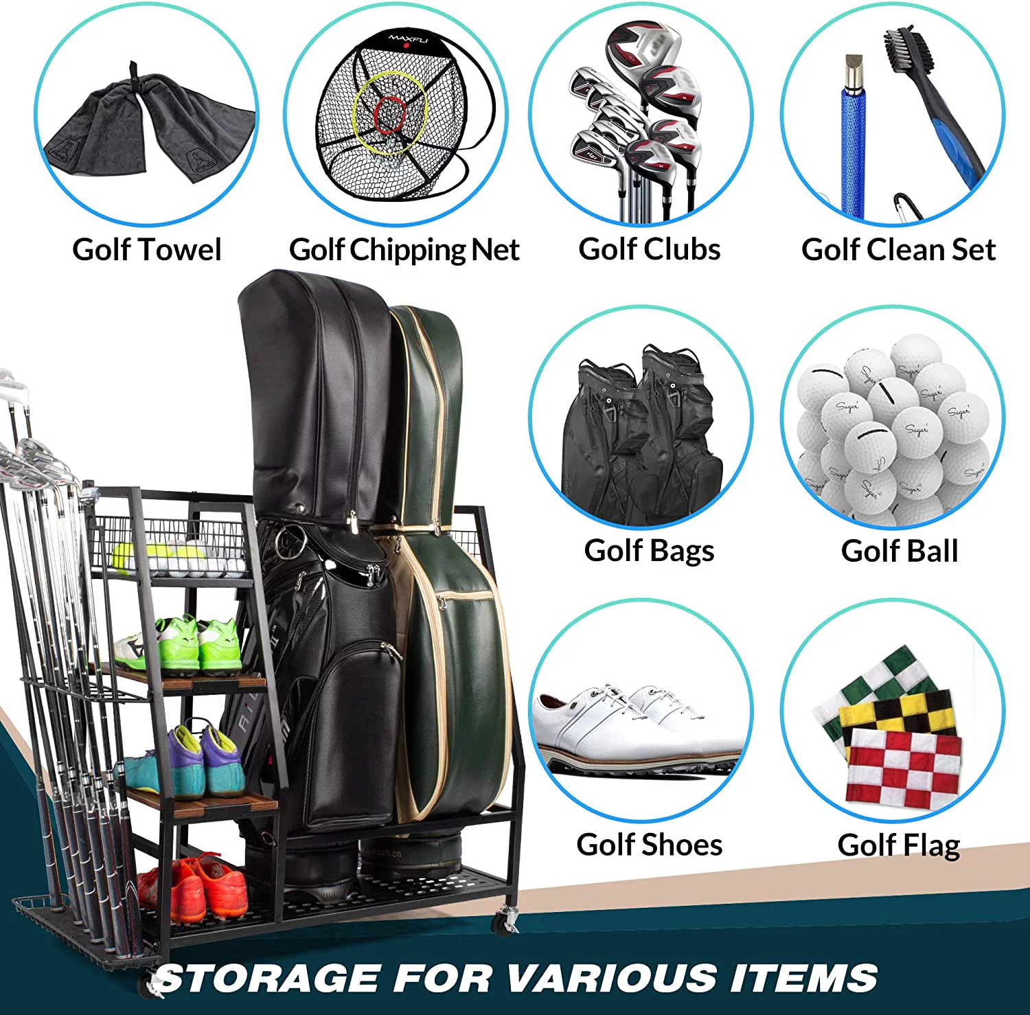 Sttoraboks Golf Bags Storage Garage Organizer, Golf Bag Rack Fits 2 Golf Bags and Golf Equipment Accessories, Golf Club Storage Stand with Wooden Shelf and Lockable Wheels for Garage Indoor Basement