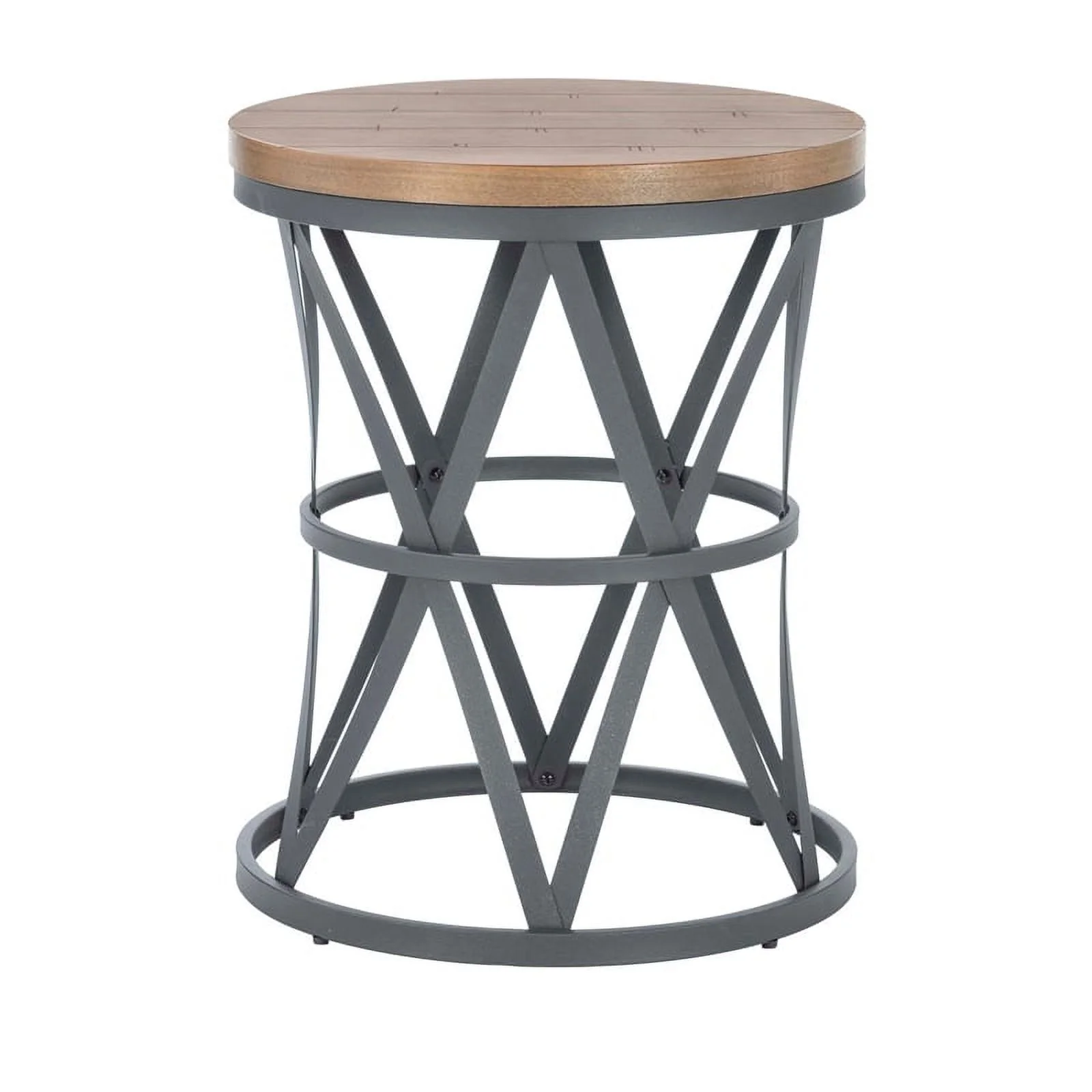Linon Johns Round Metal and Wood Barrel Table in Gray