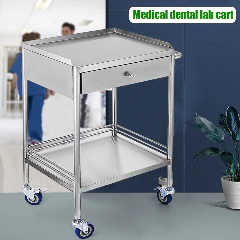 Miumaeov 2 Layer Medical Hospital Lab Emergency Rolling Trolley Single Drawer Mobile Stainless Steel Serving Cart Stand with Wheels