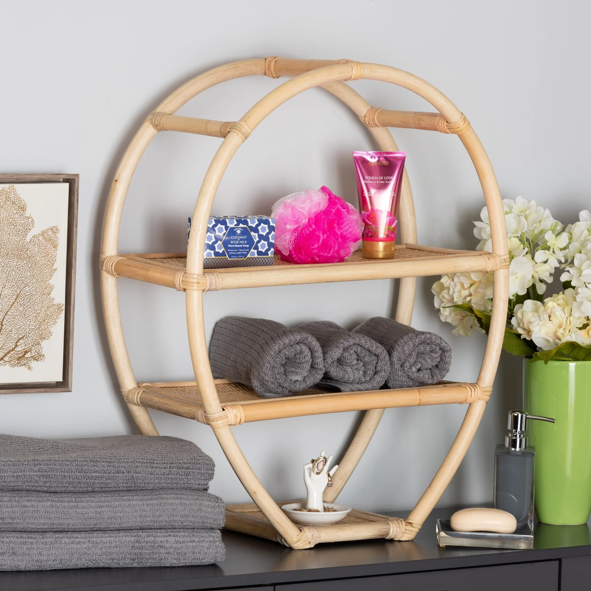 Baxton Studio Ruana Bohemian Natural Brown Finished Rattan 3-Tier Display Shelf