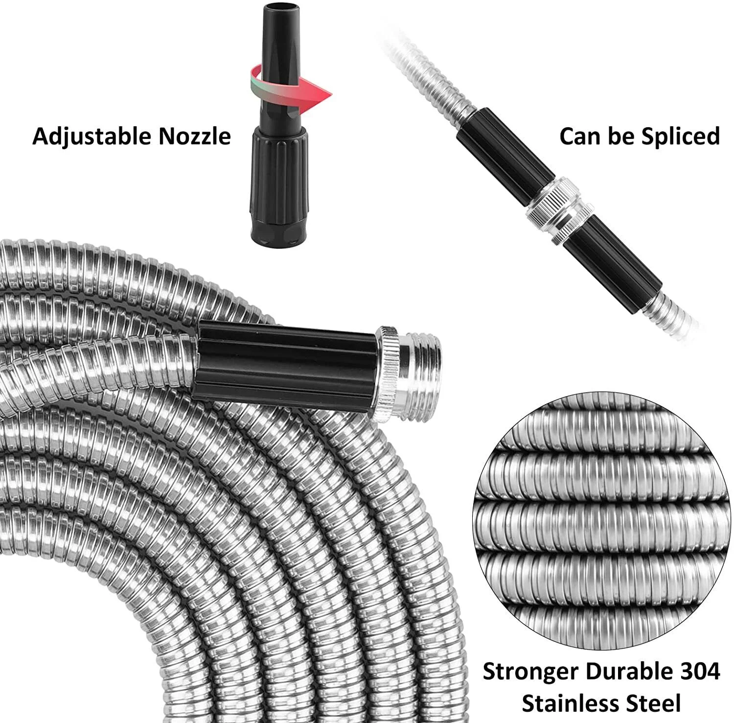 50FT 304 Stainless Steel Metal Garden Water Hose Flexible Patio Home with 6 Spray Nozzle Patterns