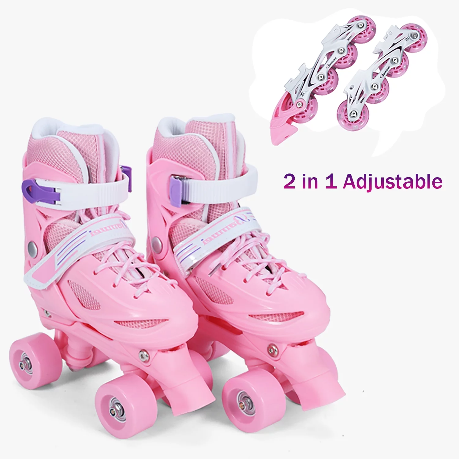 Otufan 2 in 1 Roller Skates Adjustable Kids Roller Skates Child's Inline Skates and Classial Quad for Beginner Boys and Girls Aged 3 to 10 Years, Pink， S