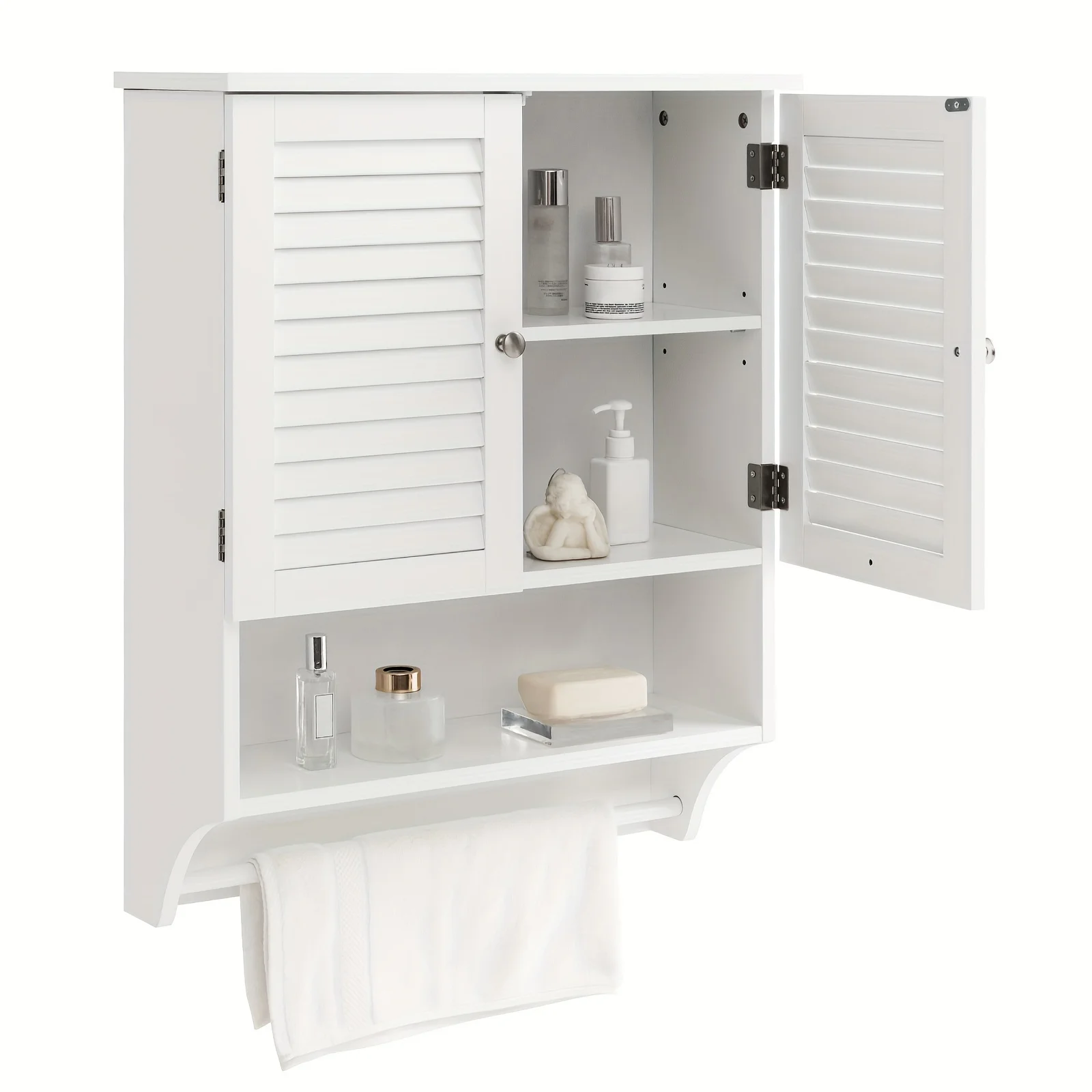 Bathroom Cabinet Wall Mounted - Hanging Medicine Cabinet with 2 Louvered Doors, 3-Position Adjustable Shelf, Towel Bar, Above Toilet Cabinet, Over The Toilet Space Saver Cabinet (White)