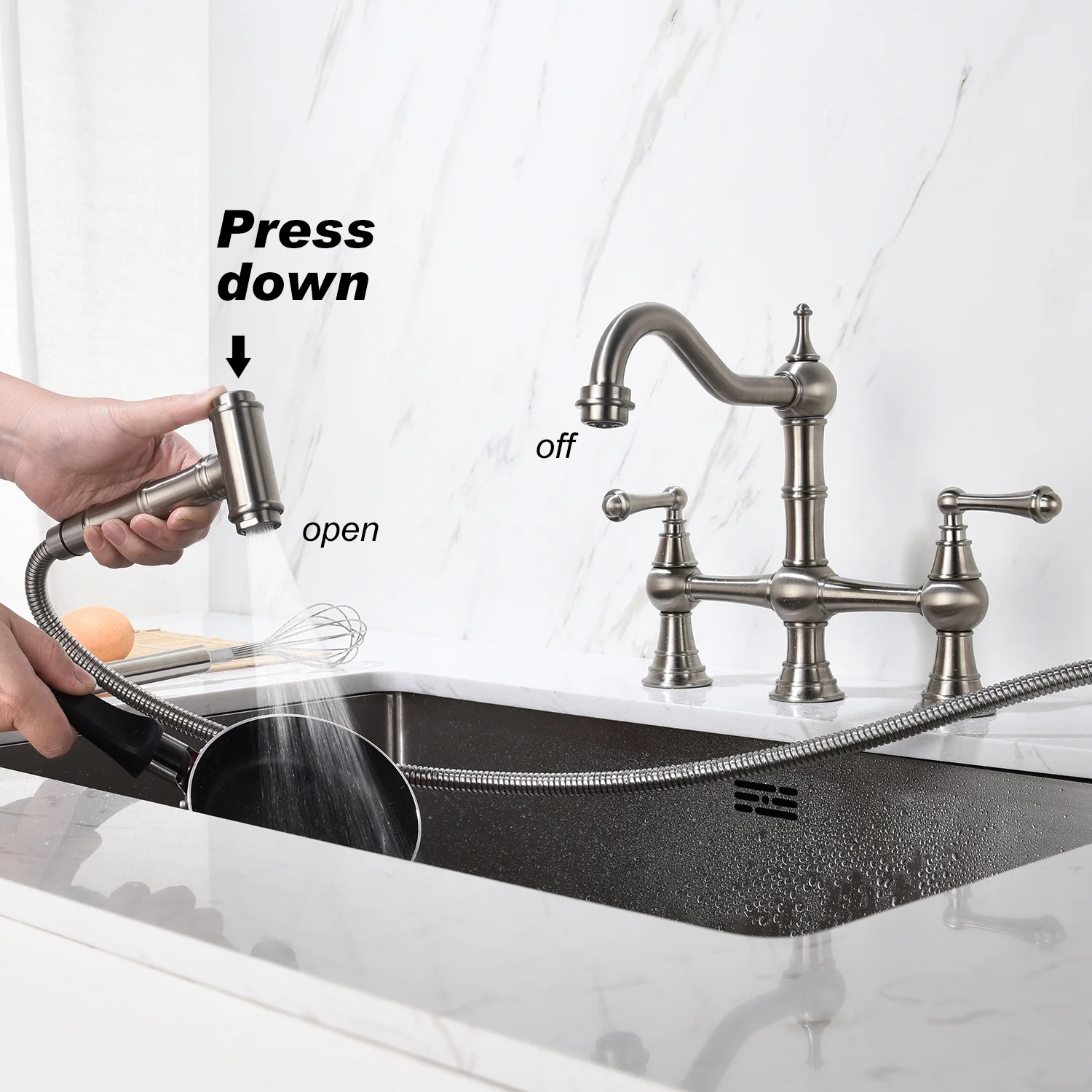ZJbiubiuHome Bridge Dual Handles Kitchen Faucet With Pull-Out Side Spray in