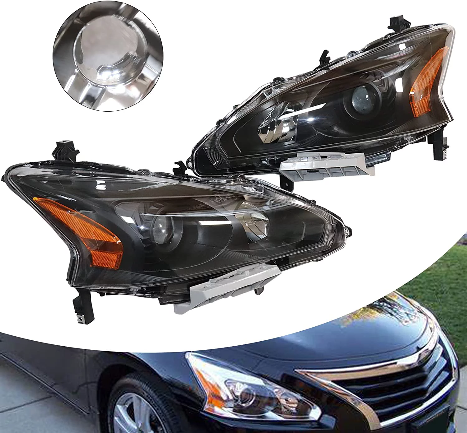 DENEST Black Housing Headlight Assembly Replacement Compatible with 2013 2014 2015 Altima Sedan Halogen Headlight NI2502208 NI2503208 - Passenger and Driver Side