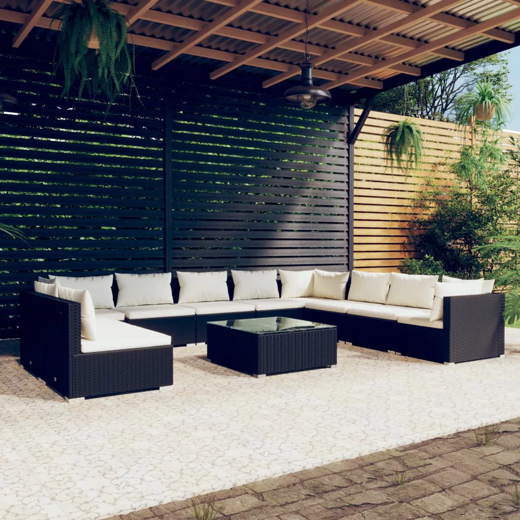 Carevas 11 Piece Patio Set with Cushions Black Poly Rattan