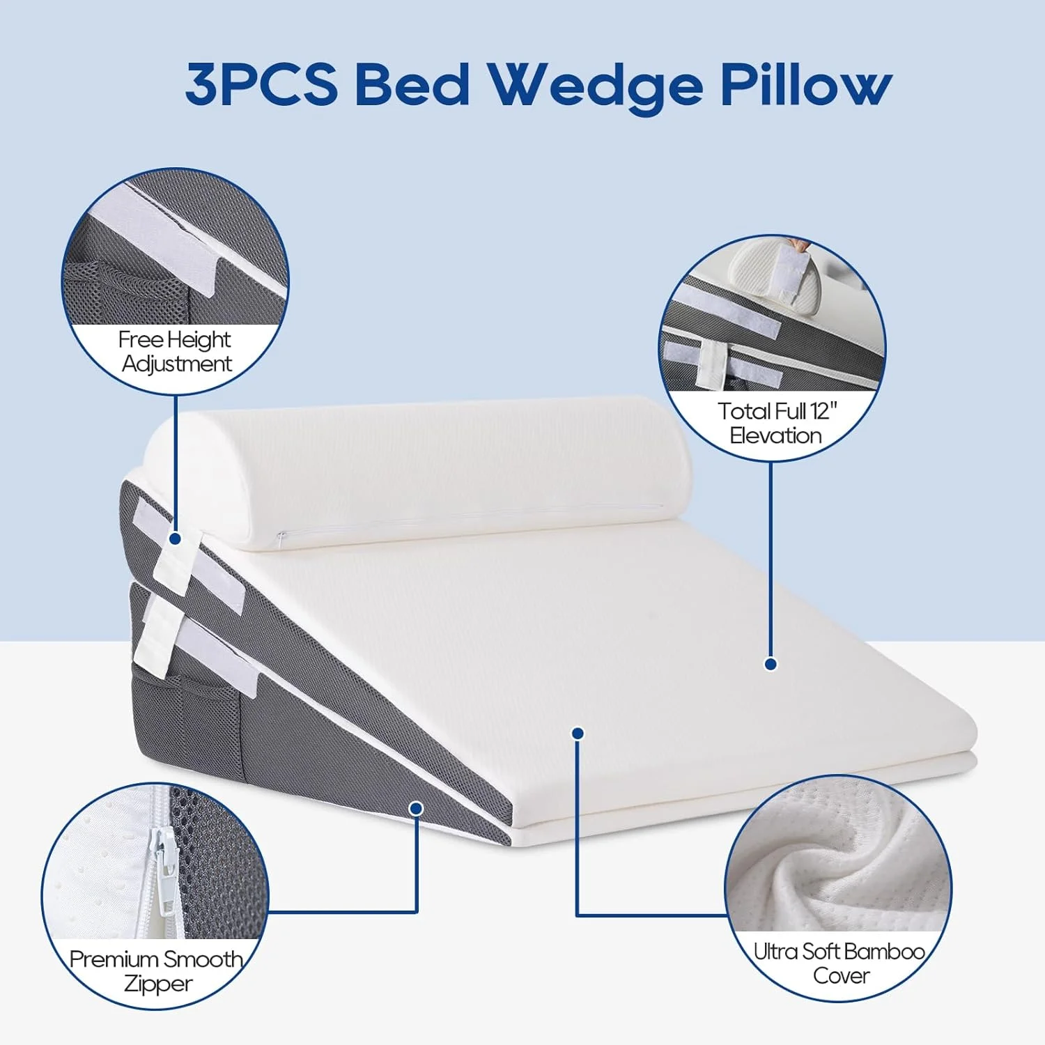Bed Wedge Pillow with Cooling Memory Foam Top Removable,3 in 1 Triangle Pillow Wedge for Sleeping-Help with Acid Reflux, Heartburn, Snoring, Legs and Back Pain