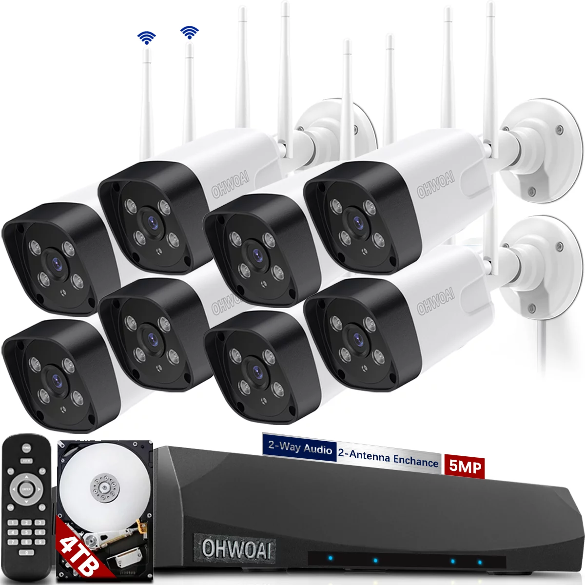 《2-Way Audio & 100ft Super Night Vision》 Dual Antennas Wireless Security Camera System Outdoor CCTV Cameras DVR Security System Wireless, Home Wi-Fi Video Surveillance NVR Kits