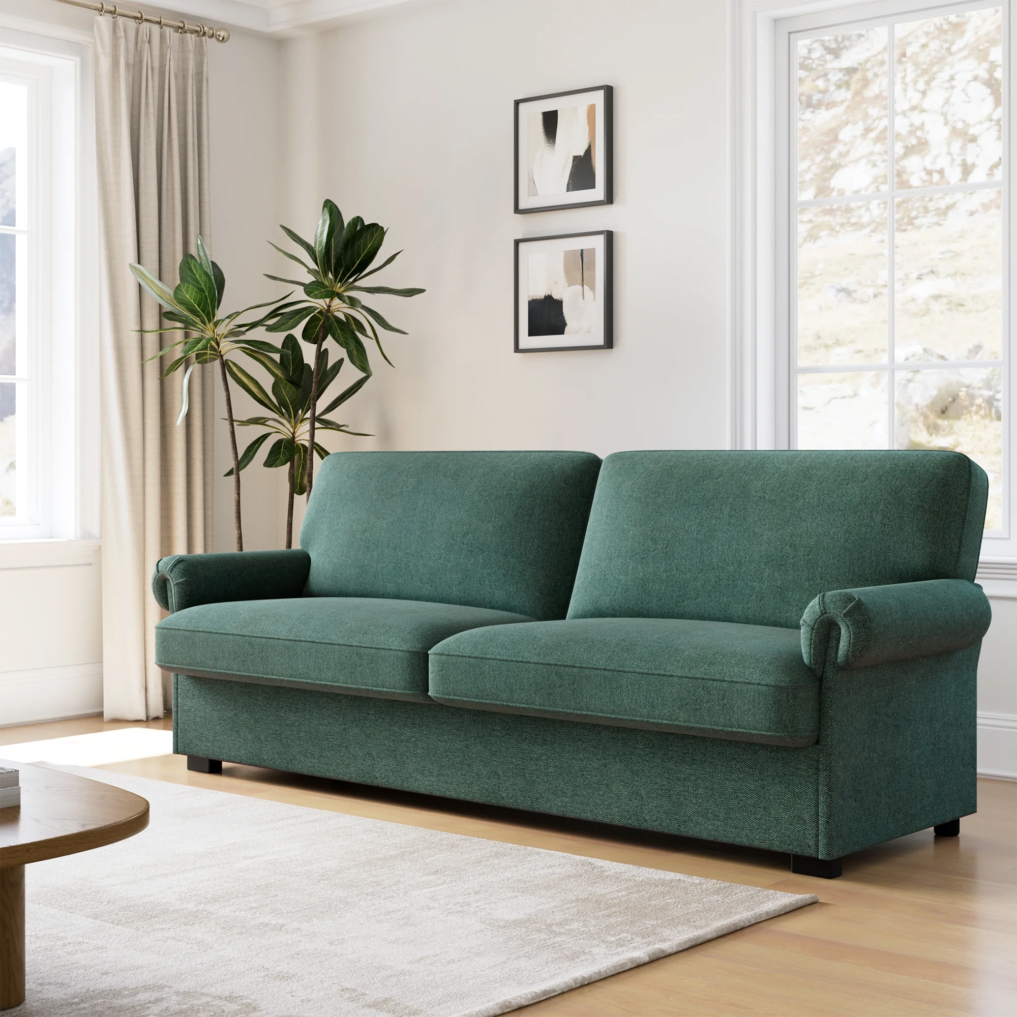 Homfa 3 Seater Linen Fabric Sofa for Living Room, Upholstered Couch with Removable Cushion & Scrolled Armrest, Green
