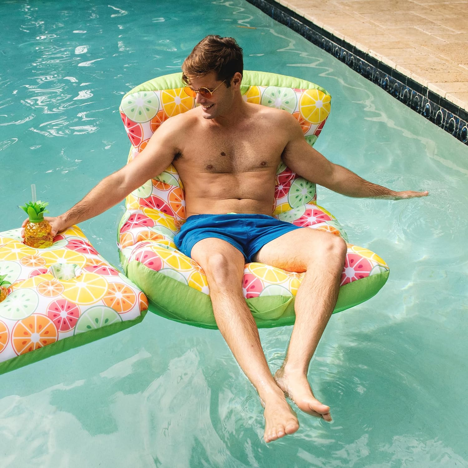 Roma Float No Inflation Needed Pool Float with Drink Holder, Citrus Burst Double Sided Mesh, Quick Draining Fabric, 3 feet