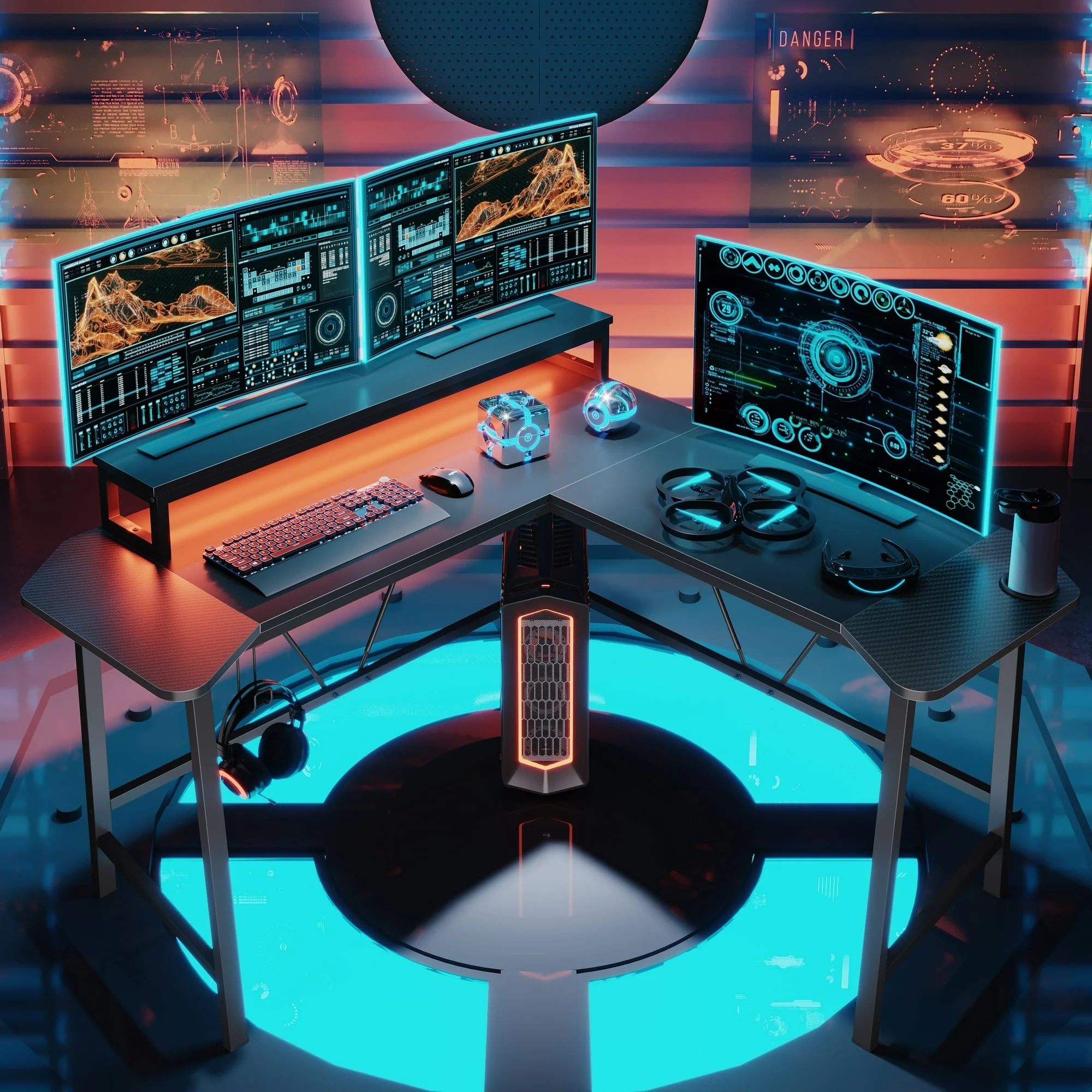 Bestier 57 inch L-Shaped LED Gaming Desk with Monitor Stand & Headset Hook- Home Office Corner Desk Black