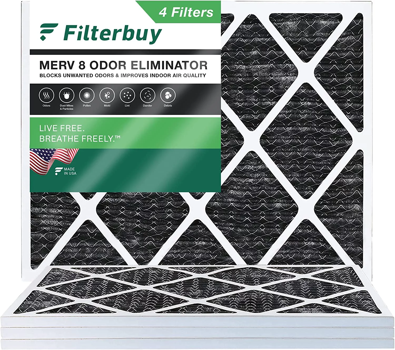 Filterbuy 20x25x1 MERV 8 Odor Eliminator Pleated HVAC AC Furnace Air Filters with Activated Carbon (4-Pack)