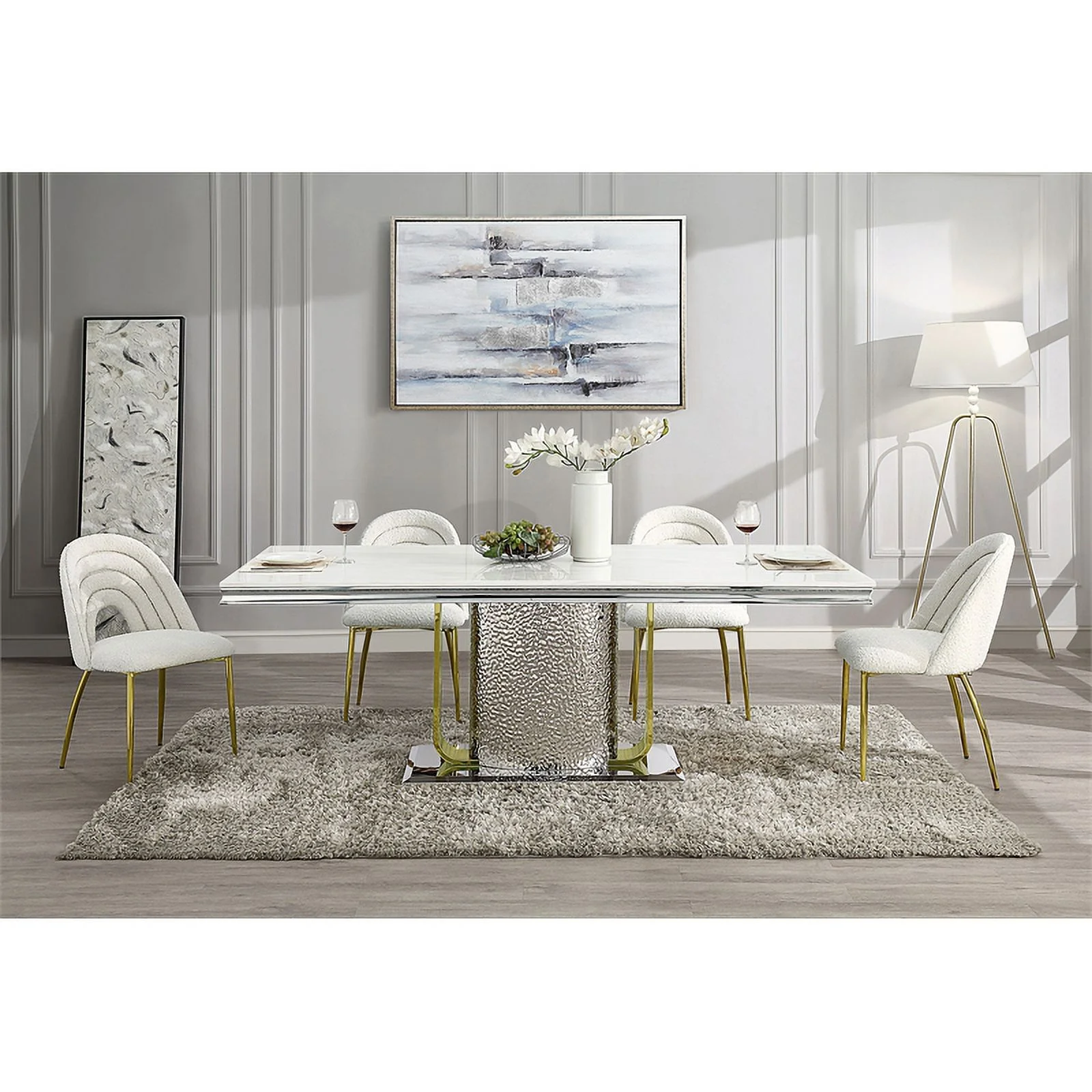 Pemberly Row Rectangular Stainless Steel Dining Table in Silver/Gold
