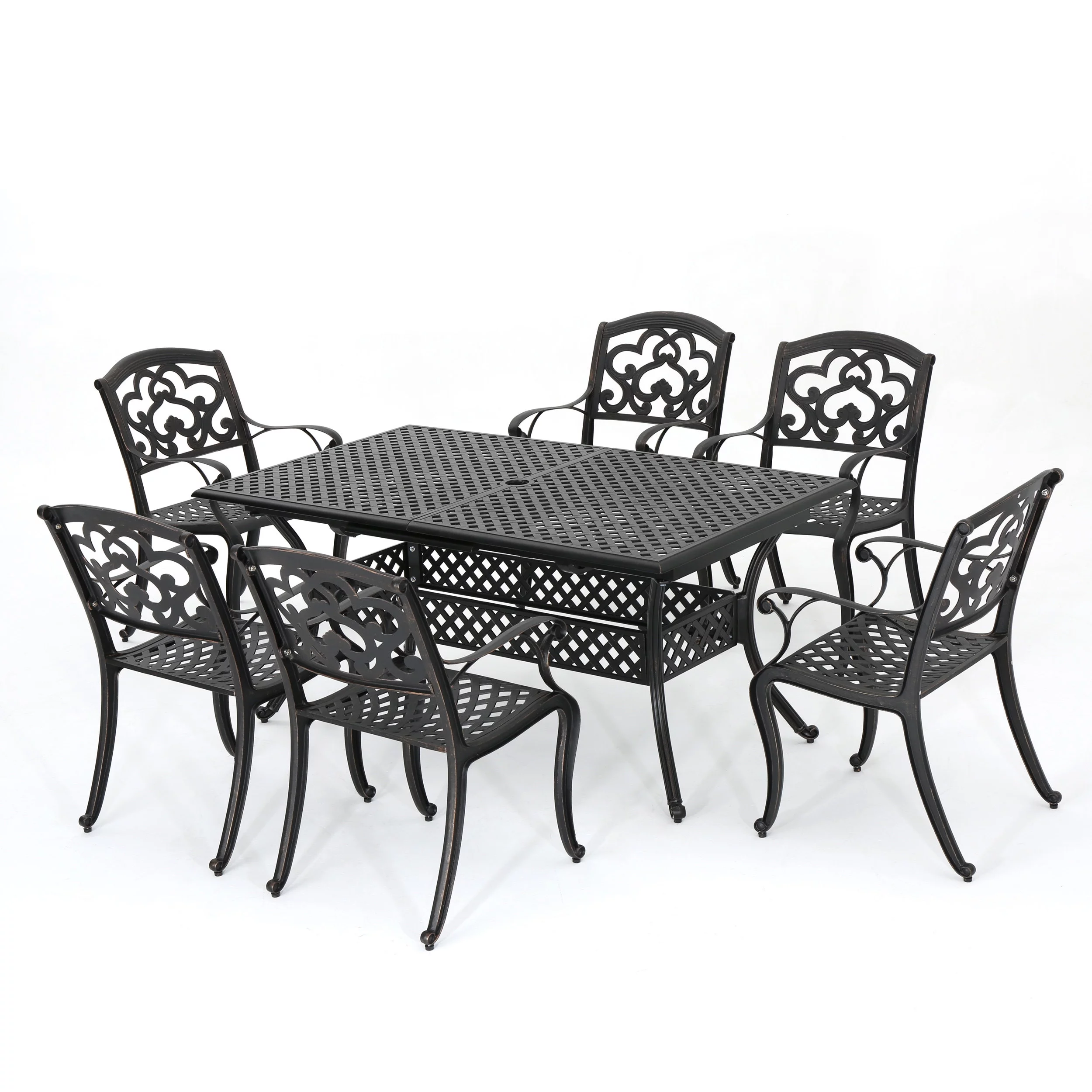 GDF Studio Blaeberry Outdoor Cast Aluminum 7 Piece Expandable Dining Set, Shiny Copper
