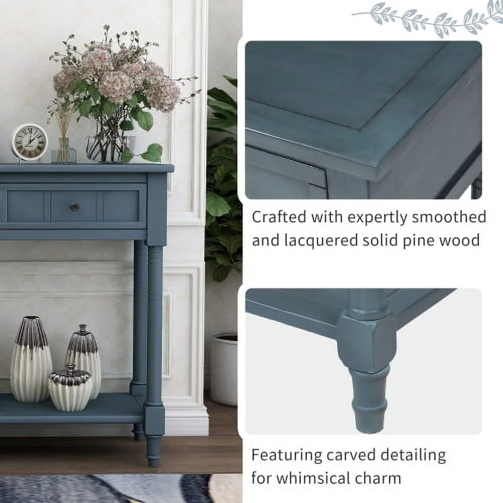 Wulawindy Daisy Series Console Table Traditional Design with Two Drawers and Bottom Shelf (Navy)