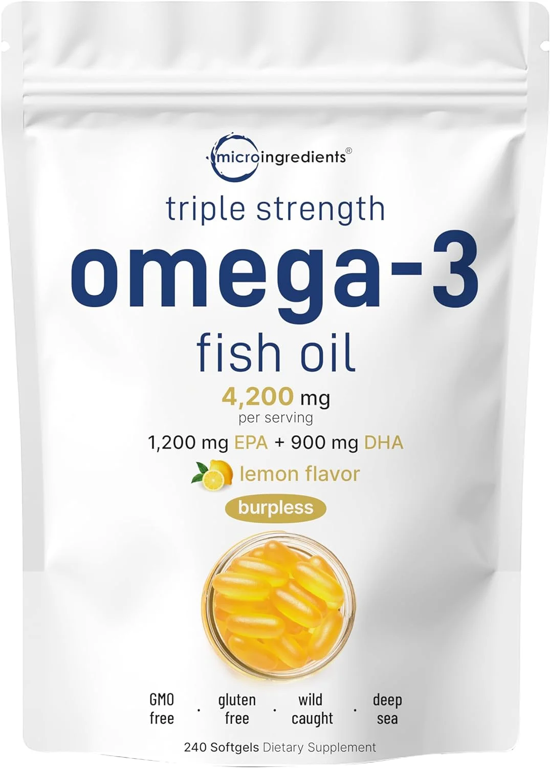 Triple Strength Omega 3 Fish Oil Supplements 4200mg Per Serving, 240 Softgels – Lemon Flavored – Burpless | EPA 1200mg + DHA 900mg | Deep Sea Fish