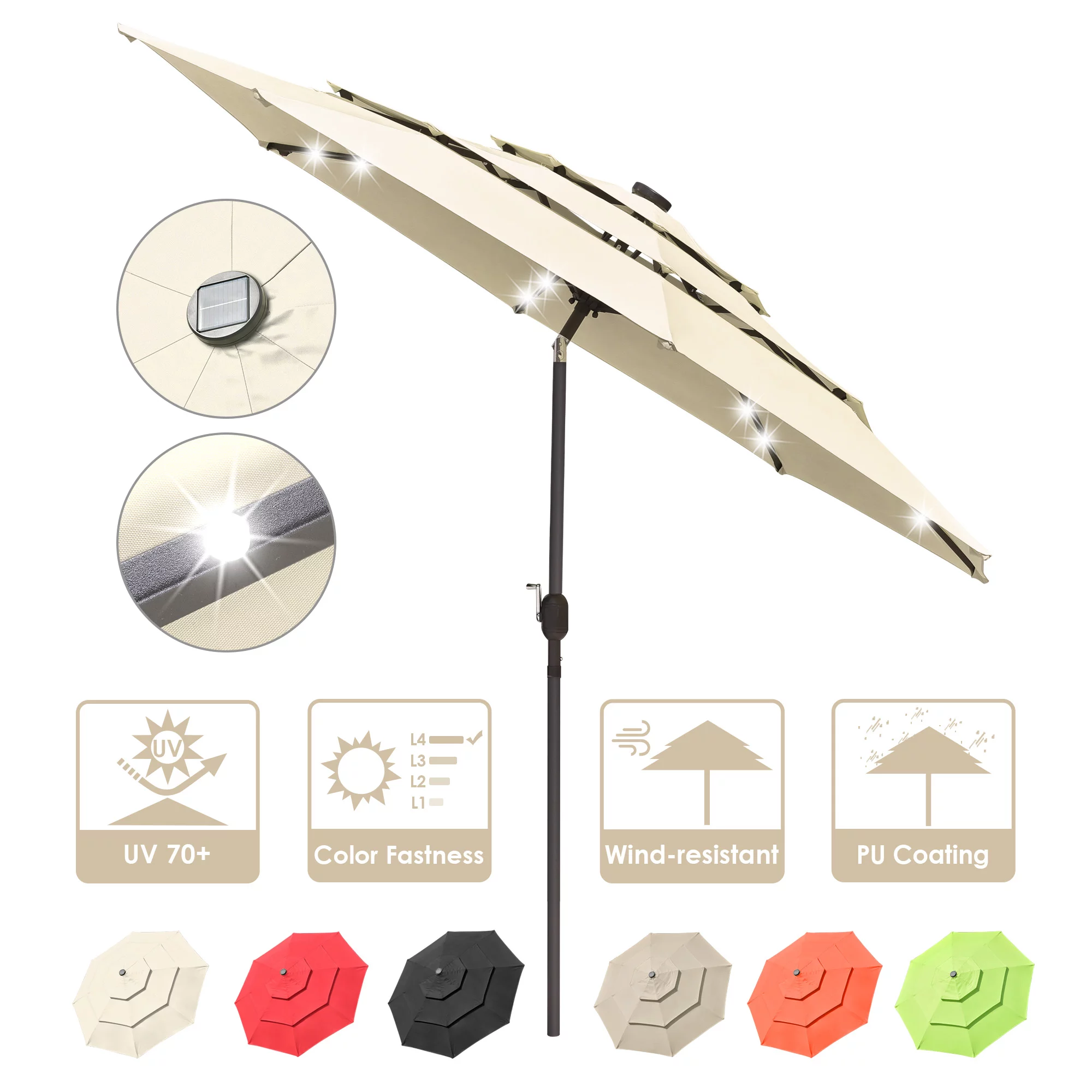 Yescom 10 Ft 3 Tier Patio Umbrella with Protective Cover Solar LED Crank & Tilt Outdoor