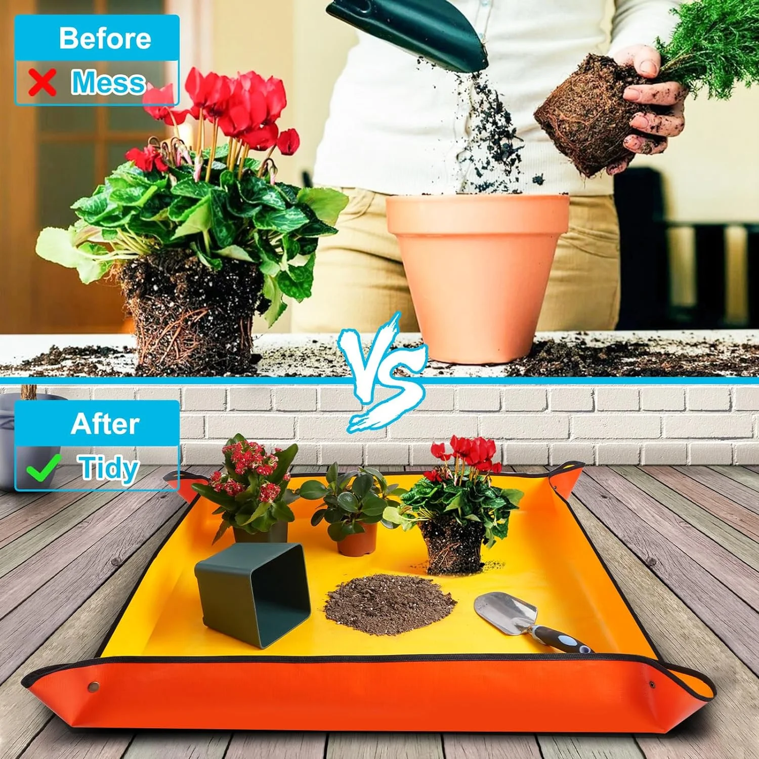 NAMZI 2 PCS Plant Repotting Mat Indoor Gardening mat Potting Tray Transplanting Planting Mat Large Foldable replanting mat for House Plants(Oxford Fabric) (2 PCS Orange）