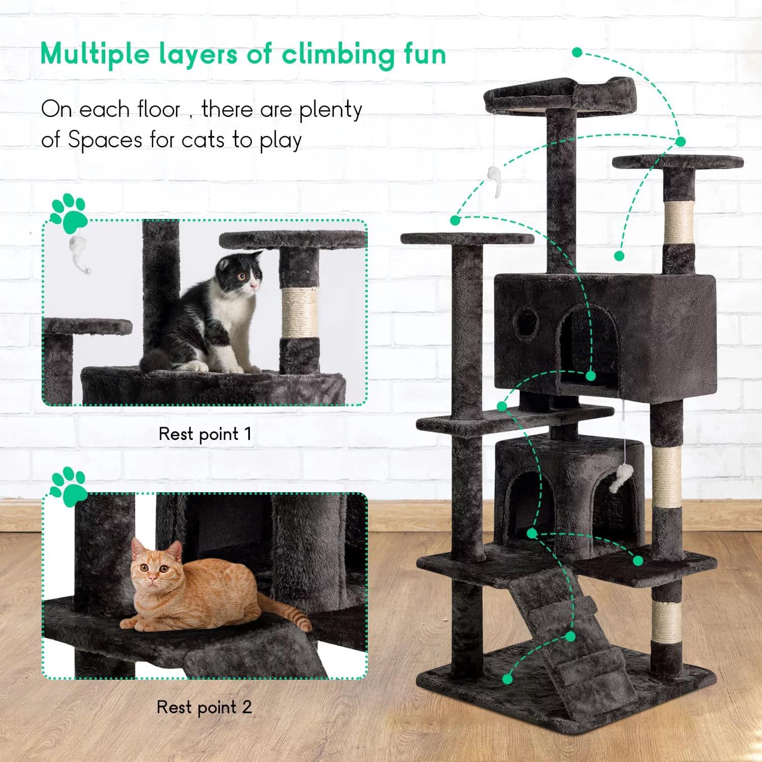 BestPet 54in Multi-Level Cat Tree Tower with Cat Scratching Post Stand House Furniture Kitty Activity Tree,Black