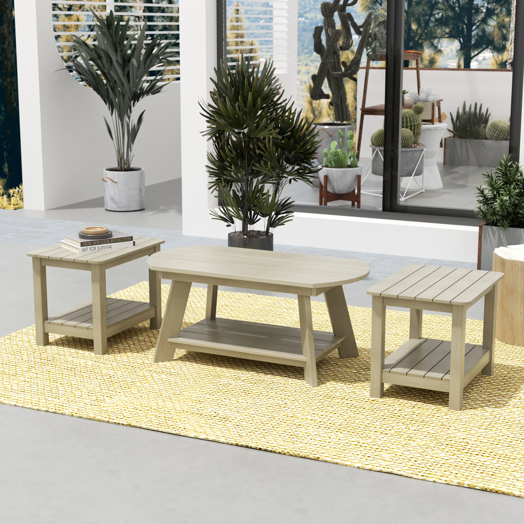 WestinTrends Tuscany 3-Piece HIPS Outdoor Adirondack Coffee Table and Two Side Table Set, Weathered Gray