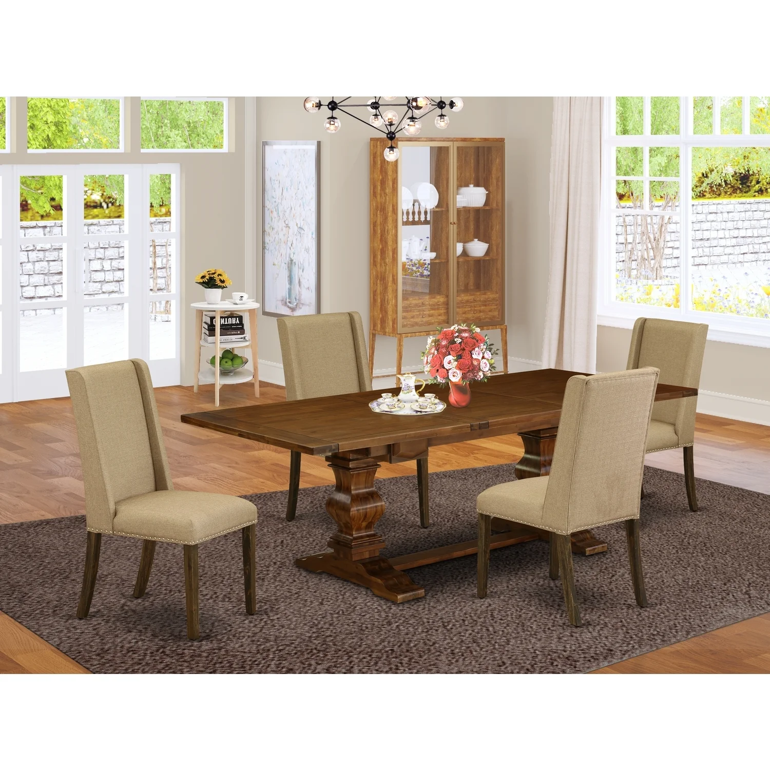 HomeStock Suburban Soiree 5-Pc Wood Dining Table Set ith ChairS Legs & Dark Khaki Linen Fabric Chairs For Dining Room Set f 4 & Kitchen Dining Room Table - Antique Walnut